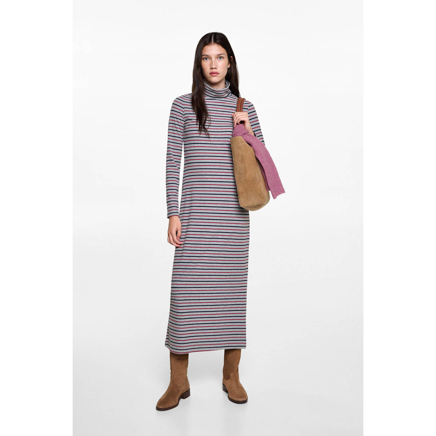 MANGO TEEN gestreepte maxi jurk grijs melange rood blauw