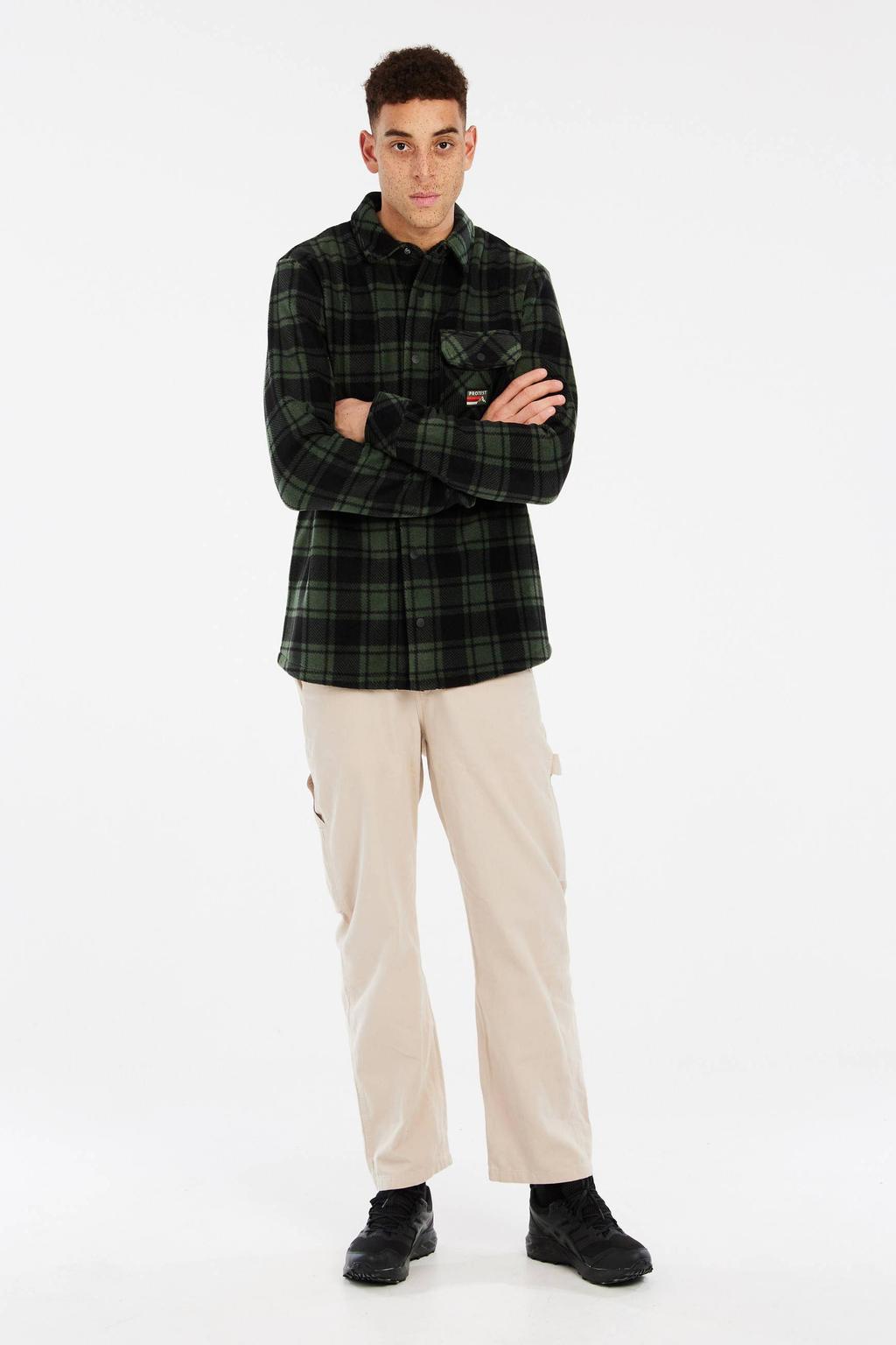 Groene heren Protest geruit overshirt van polyester met lange mouwen, klassieke kraag en drukknoopsluiting