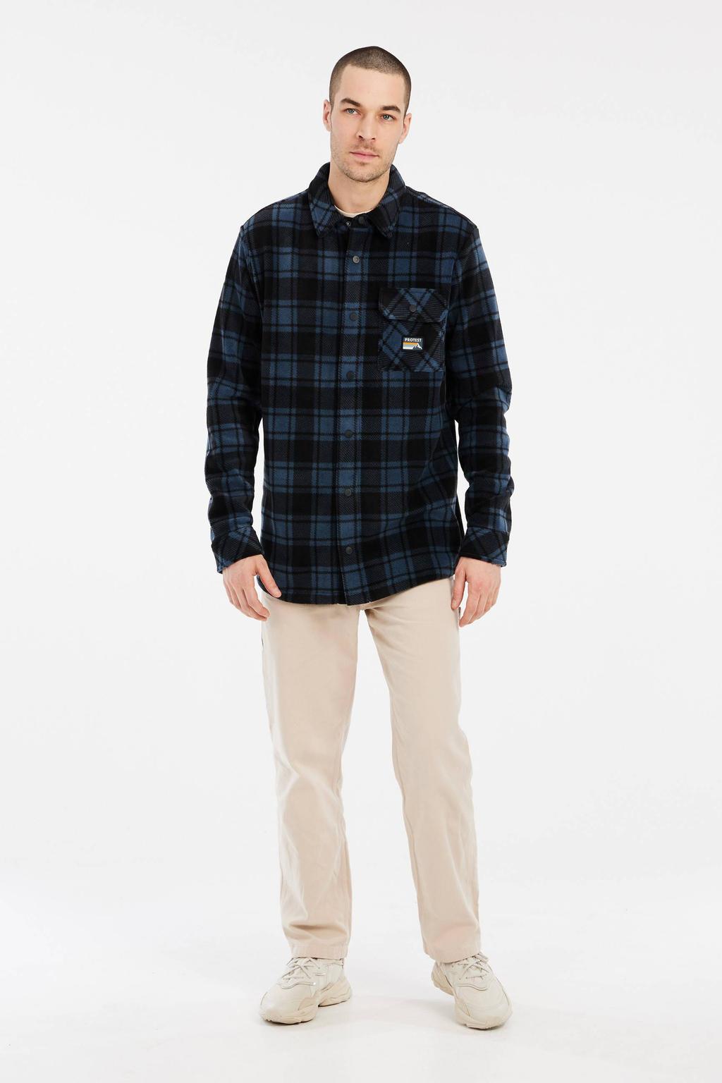Blauwe heren Protest geruit overshirt van polyester met lange mouwen, klassieke kraag en drukknoopsluiting