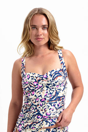 voorgevormde tankini bikinitop zand/donkerblauw/roze