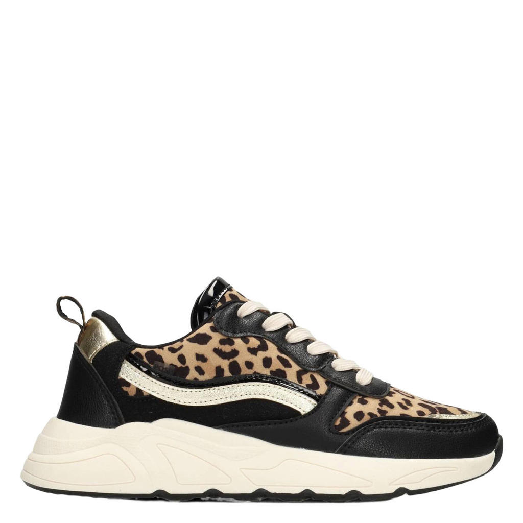 Zwart en beige dames POSH by Poelman Charlie chunky sneakers panter van synthetisch materiaal met veters