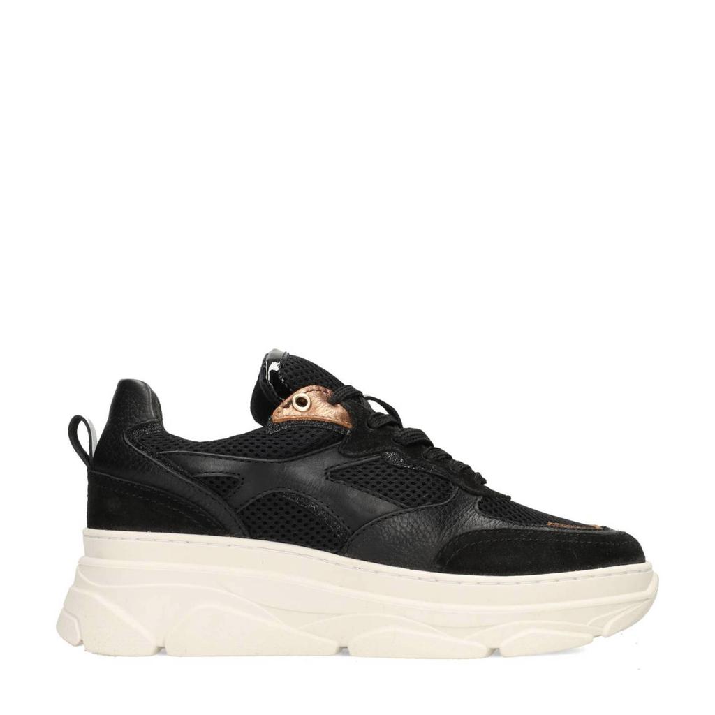 Zwarte dames Poelman Jana chunky leren sneakers met veters
