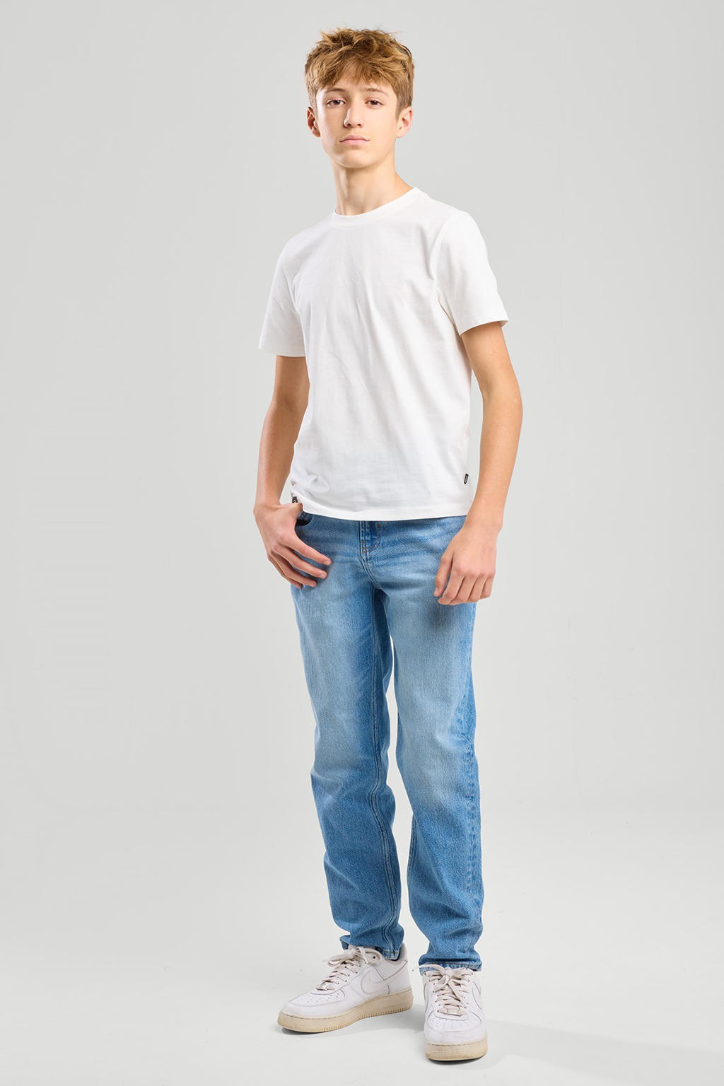 Blauwe jongens America Today straight leg jeans van denim met rits- en knoopsluiting en effen