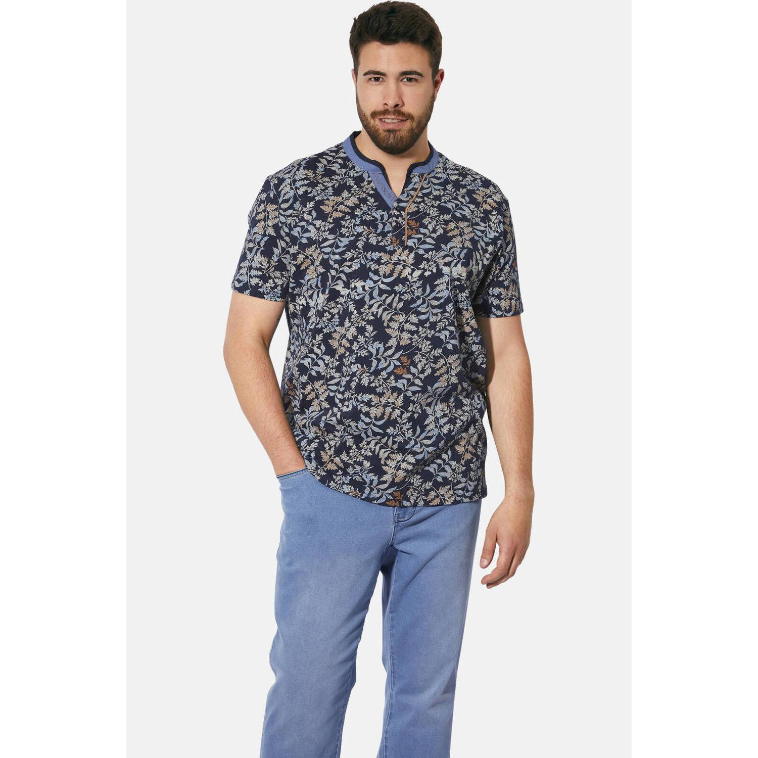 Charles Colby T-shirt EARL QUINCELYN Plus Size met all over print donkerblauw