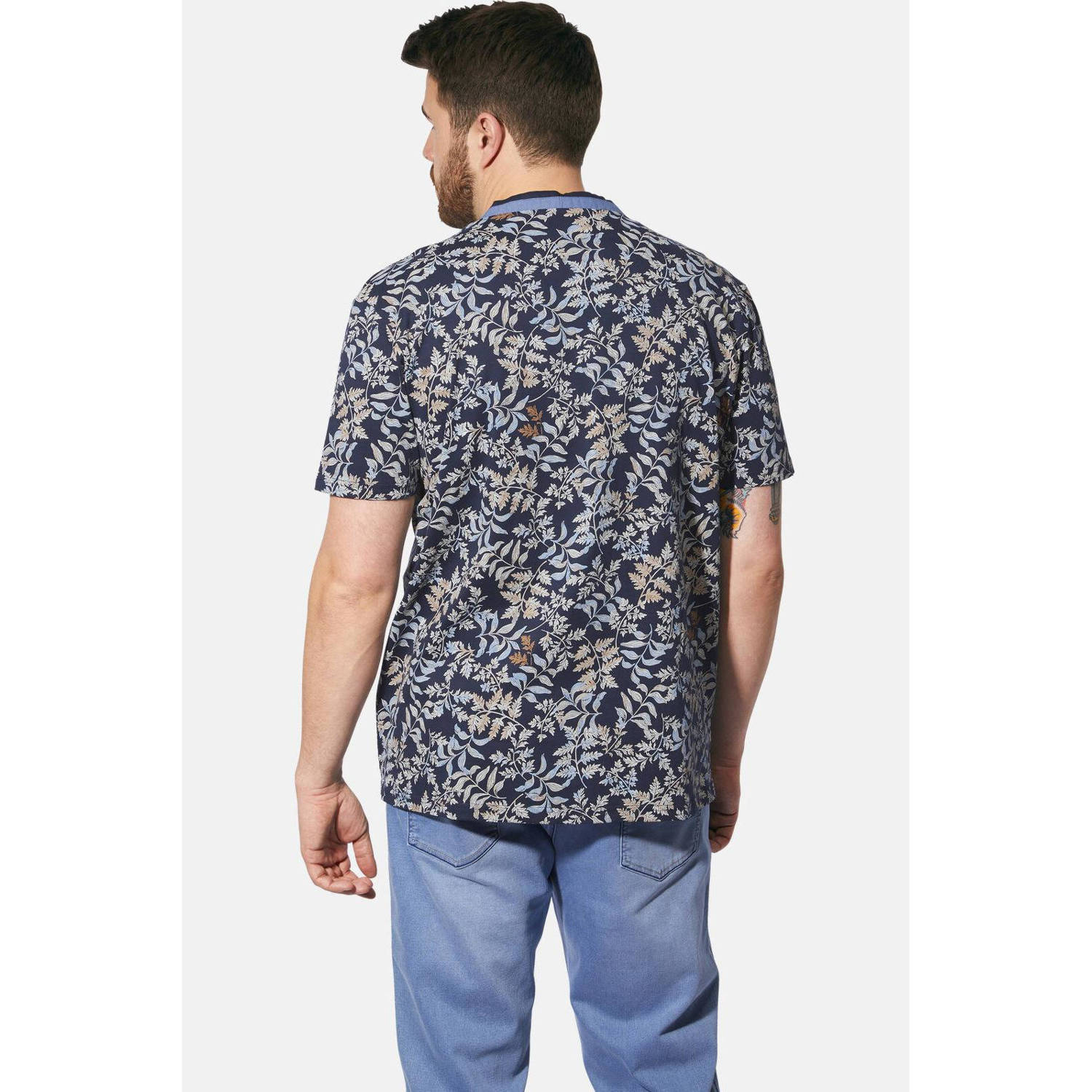 Charles Colby T-shirt EARL QUINCELYN Plus Size met all over print donkerblauw