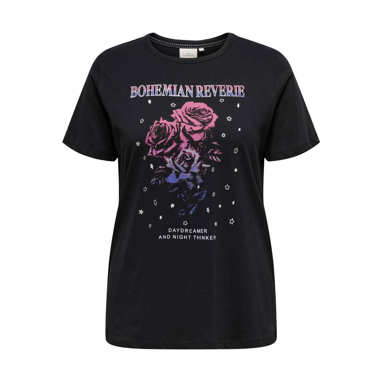 ONLY CARMAKOMA T-shirt CARMIKO met printopdruk zwart roze