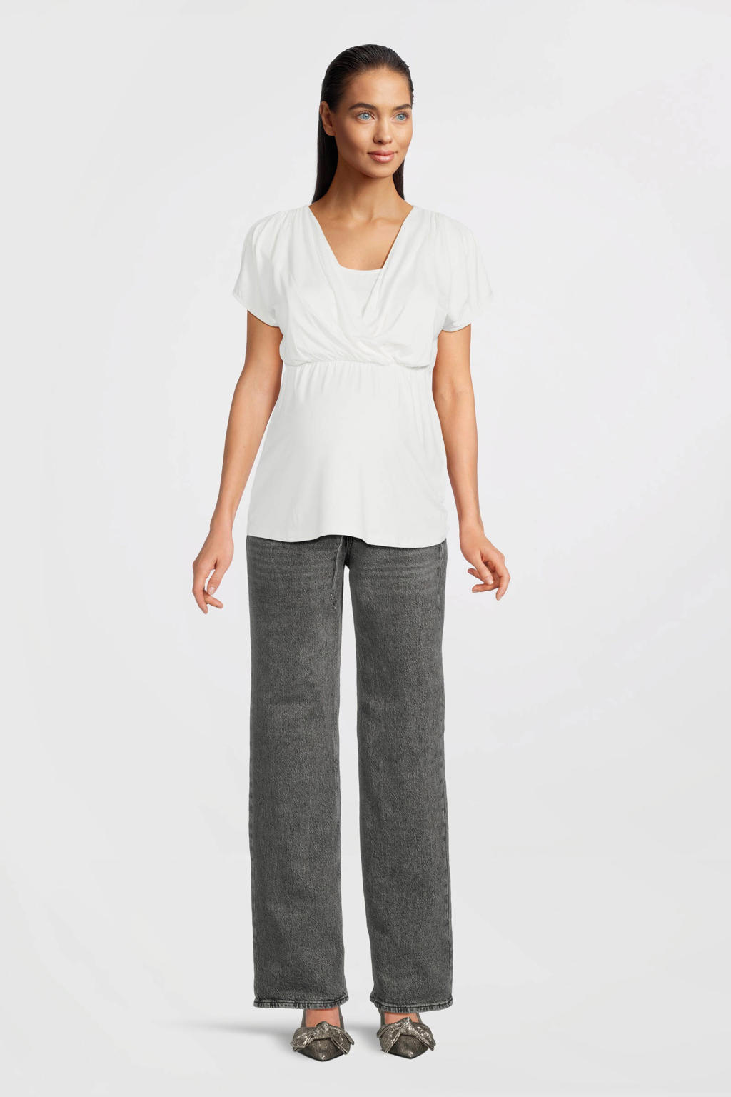 Witte dames LOVE2WAIT zwangerschaps- en voedings blousetop met korte mouwen en V-hals