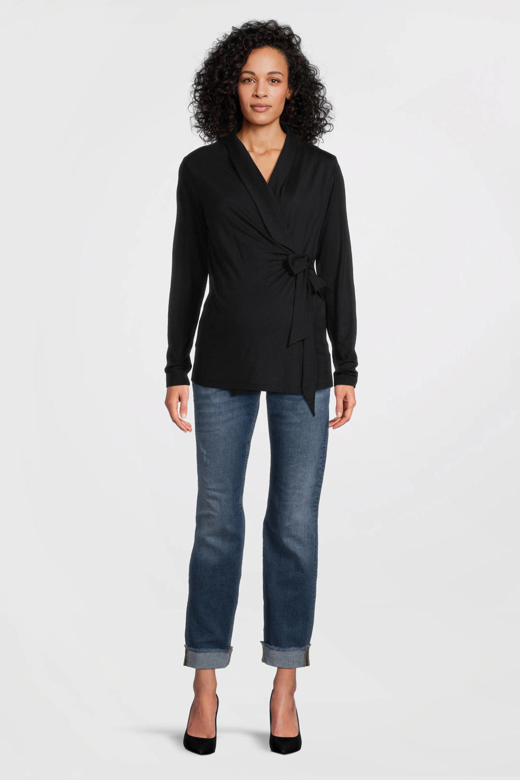 Donkerblauwe dames LOVE2WAIT zwangerschaps overslagtop van viscose met effen, lange mouwen, V-hals en striksluiting