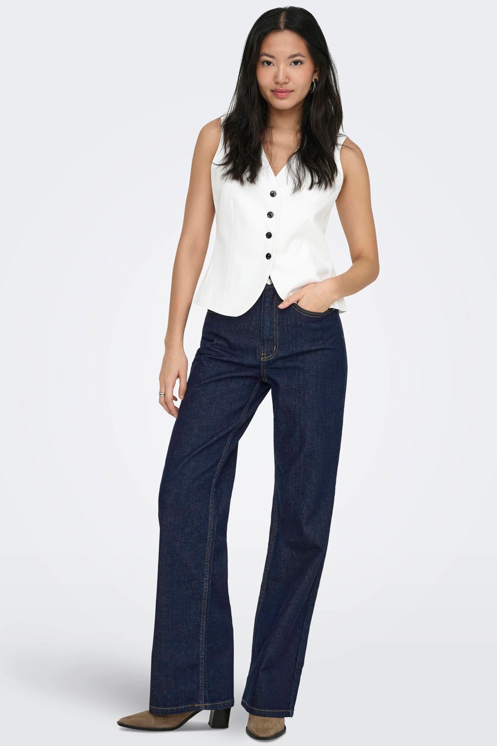 Donkerblauwe dames ONLY high waist wide leg jeans dark blue van denim met effen en rits- en knoopsluiting
