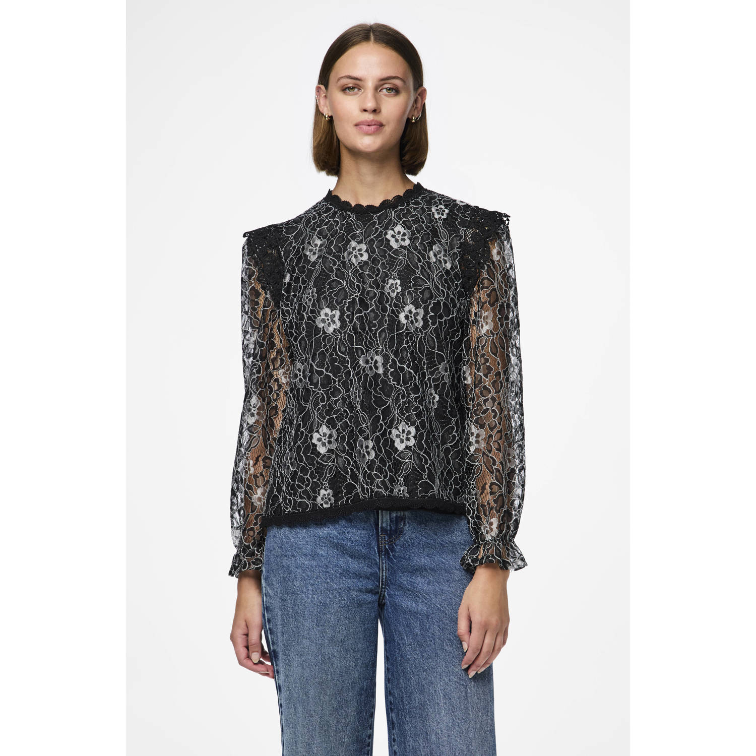 PIECES gebloemde blousetop PCOLLINE zwart lurex