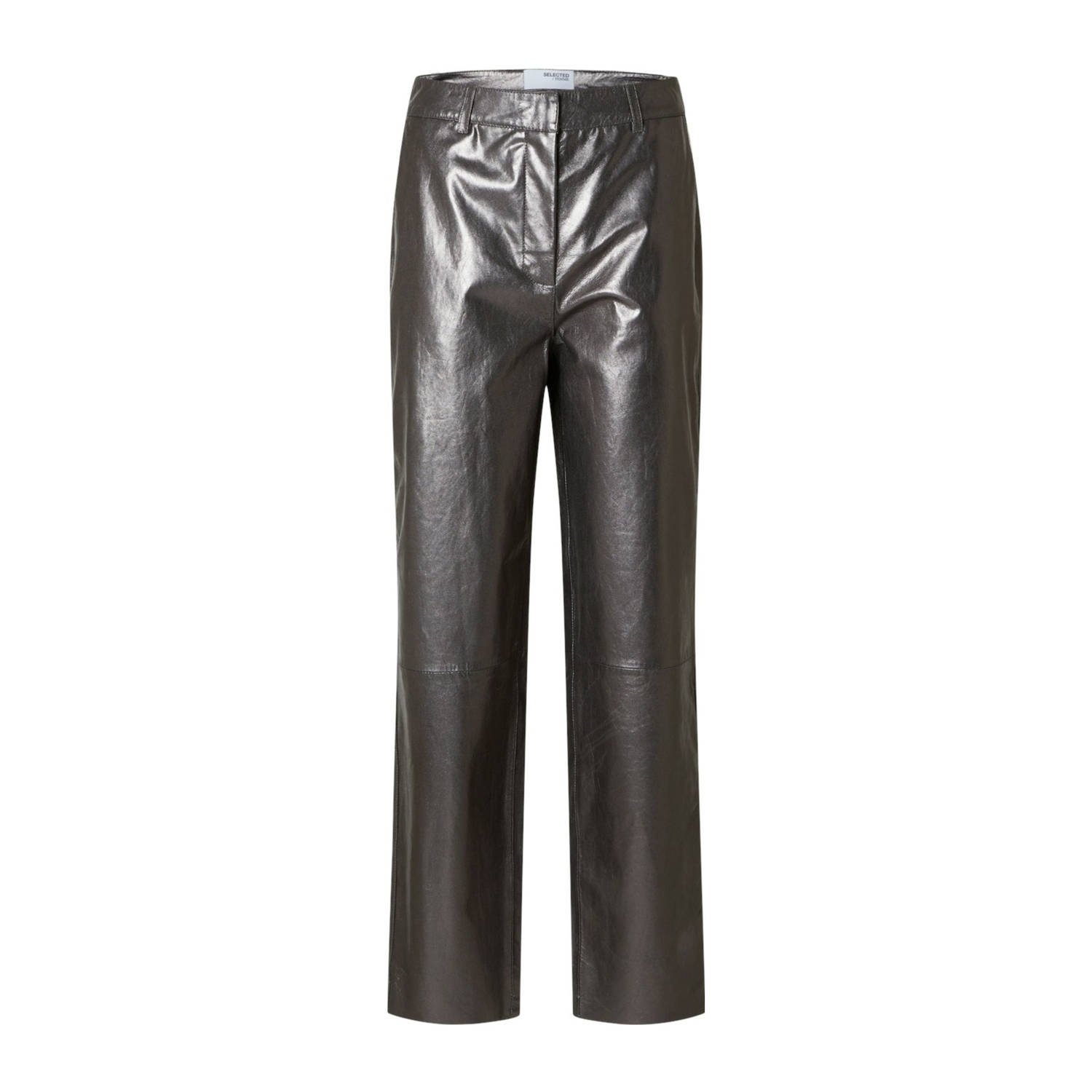SELECTED FEMME leren straight fit broek zilver