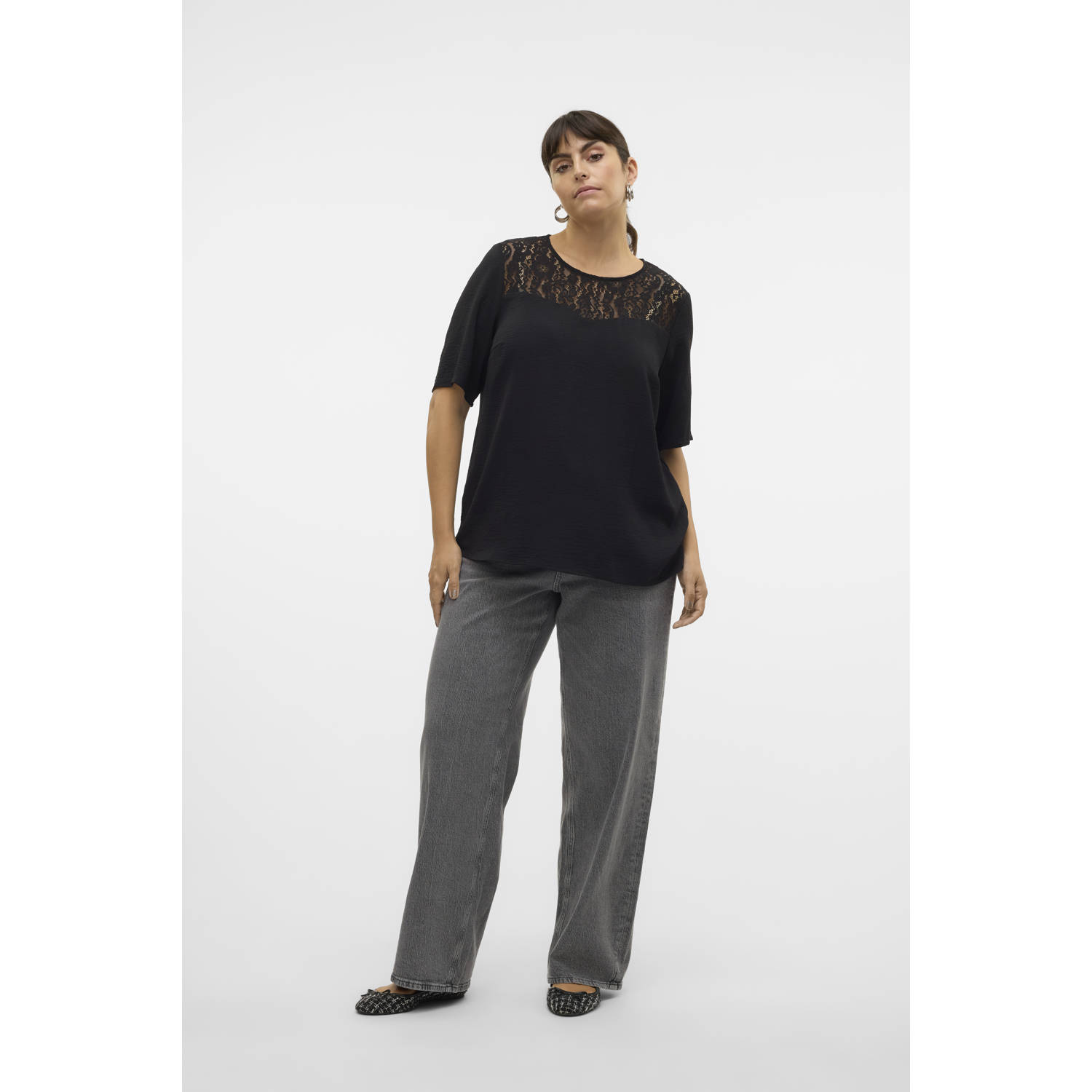 VERO MODA CURVE kanten top VMCALVA zwart