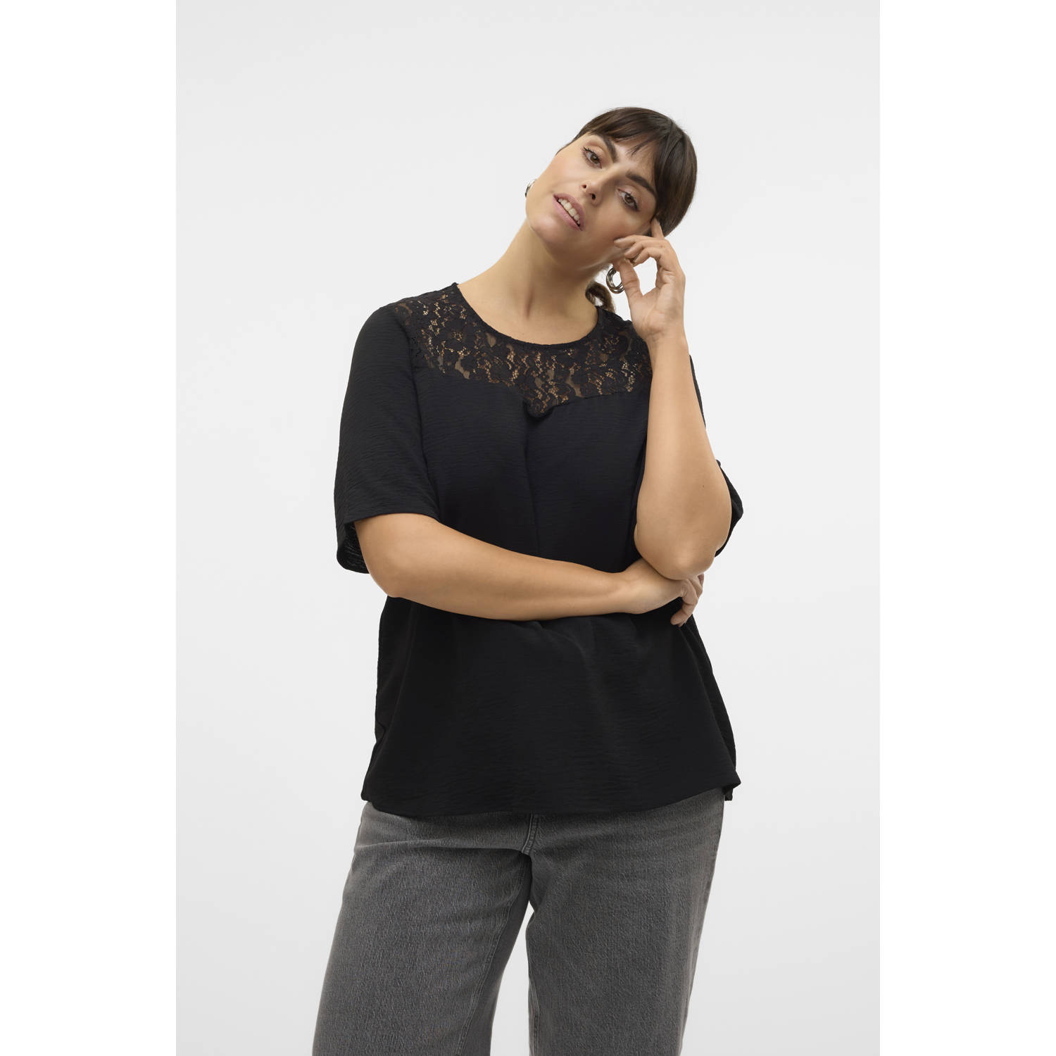 VERO MODA CURVE kanten top VMCALVA zwart