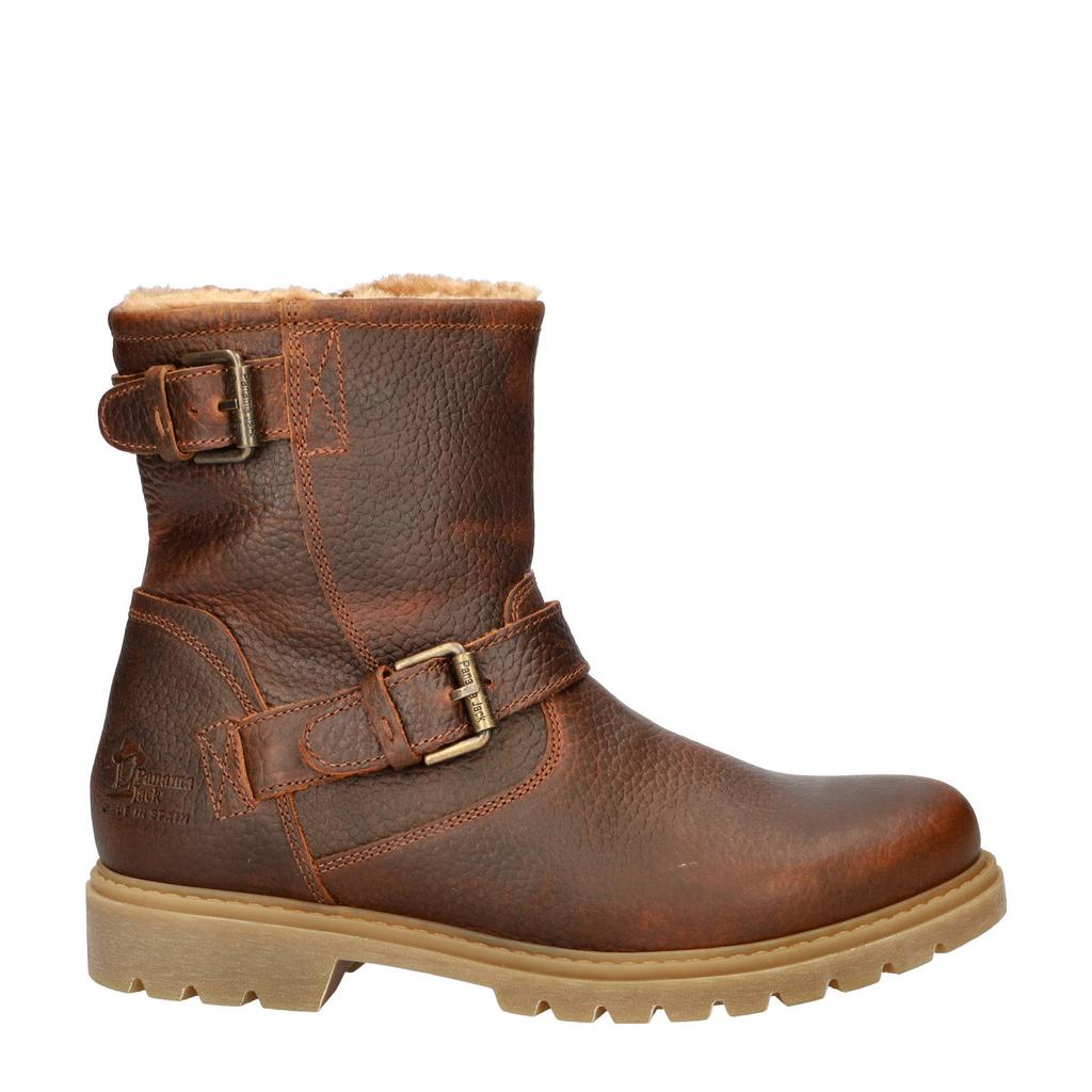Cognackleurige heren Panama Jack Faust leren enkelboots met profielzool, ritssluiting en effen