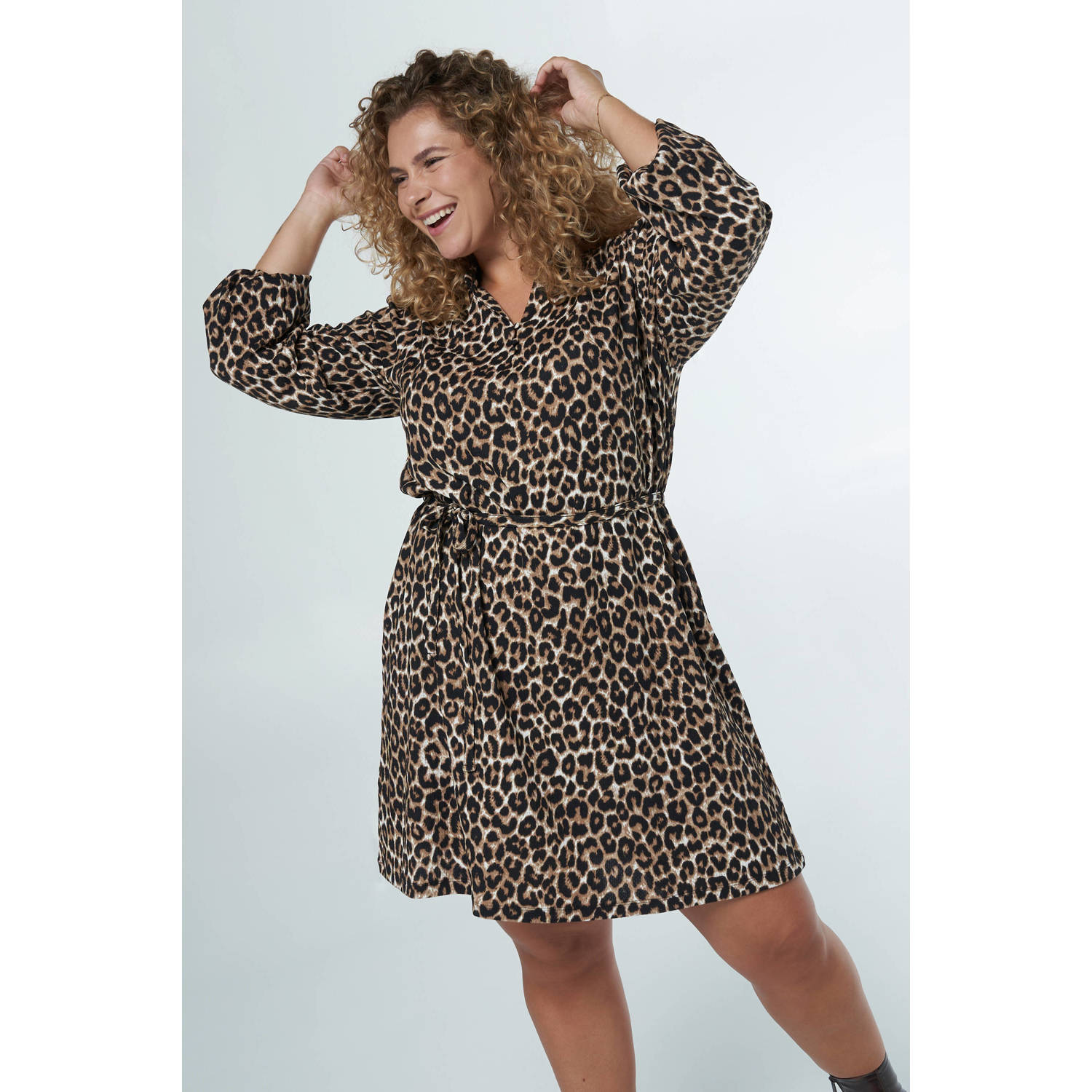 MS Mode blousejurk met panterprint en ceintuur bruin