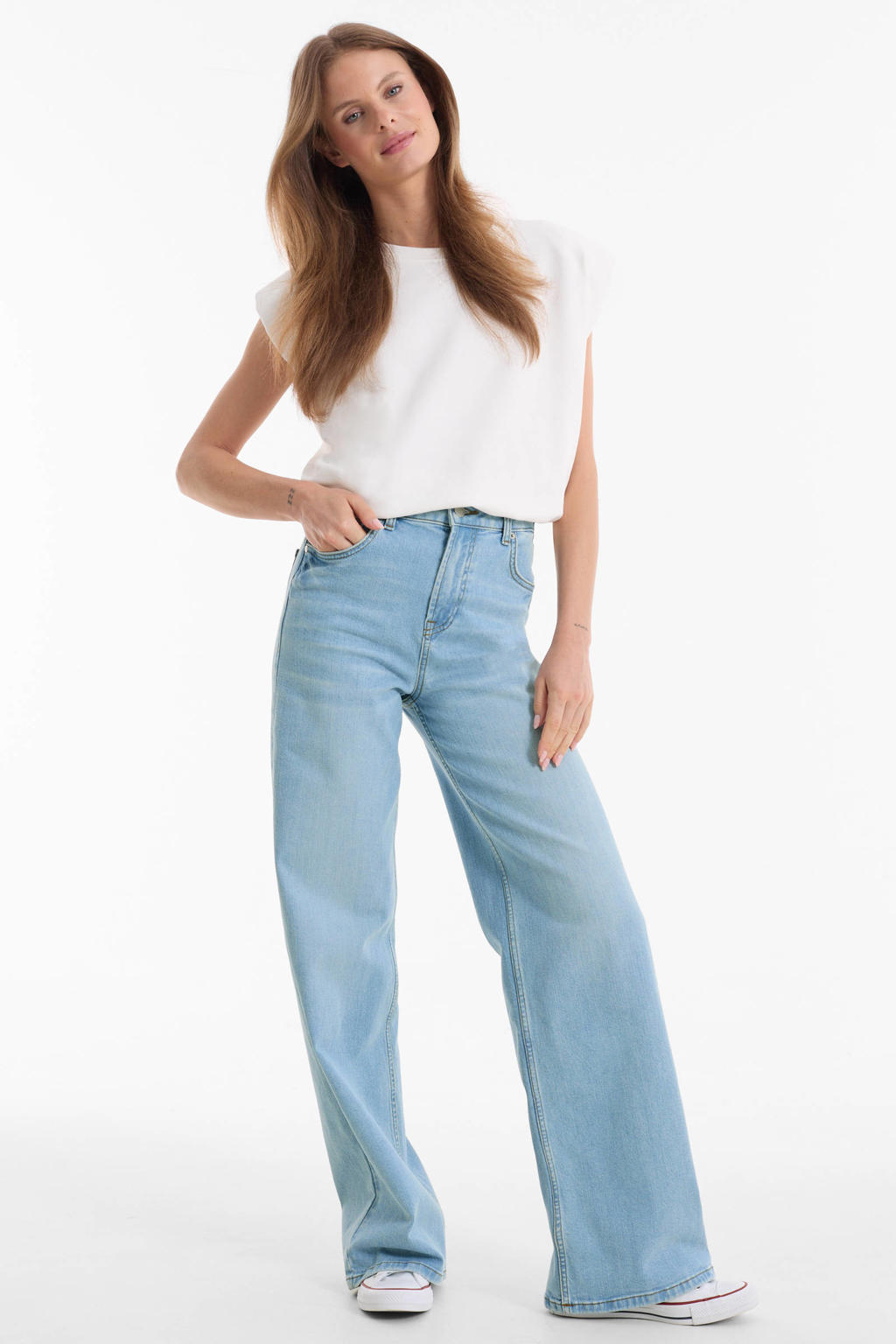Light blue denim dames anytime high waist wide leg jeans van katoen met rits- en knoopsluiting en effen