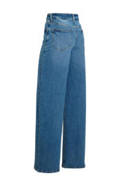 thumbnail: Medium blue denim dames anytime high waist wide leg jeans van katoen met rits- en knoopsluiting en effen