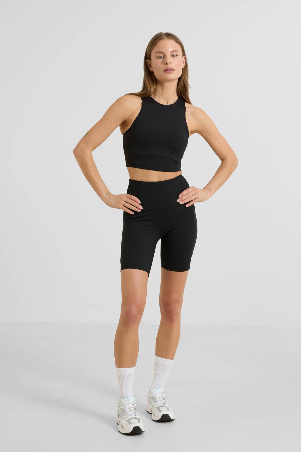 Zwarte dames Anytime sport fietsshort van polyester met skinny fit, high waist, elastische tailleband en effen