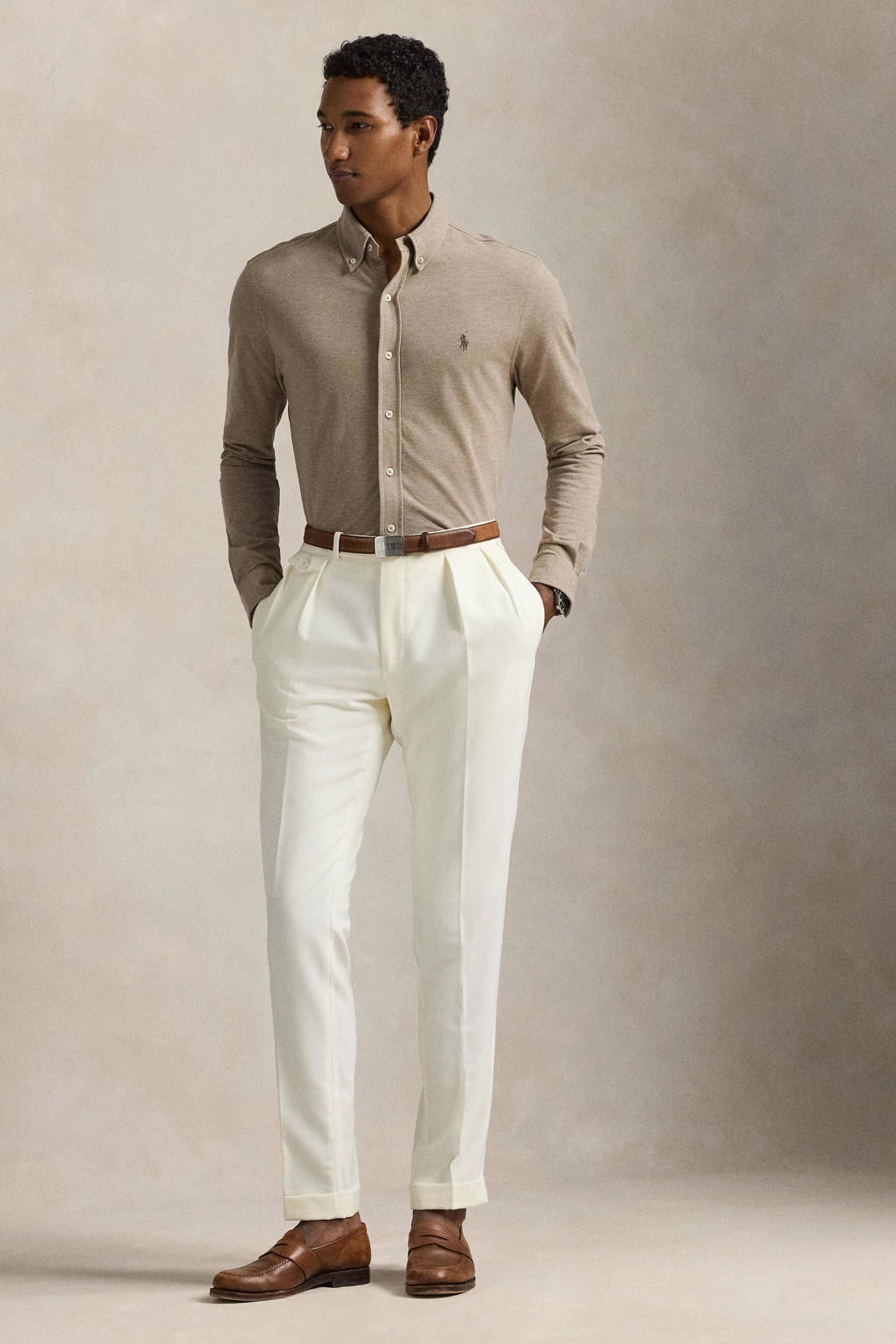Beige heren POLO Ralph Lauren regular fit overhemd van katoen met effen, lange mouwen en button down sluiting