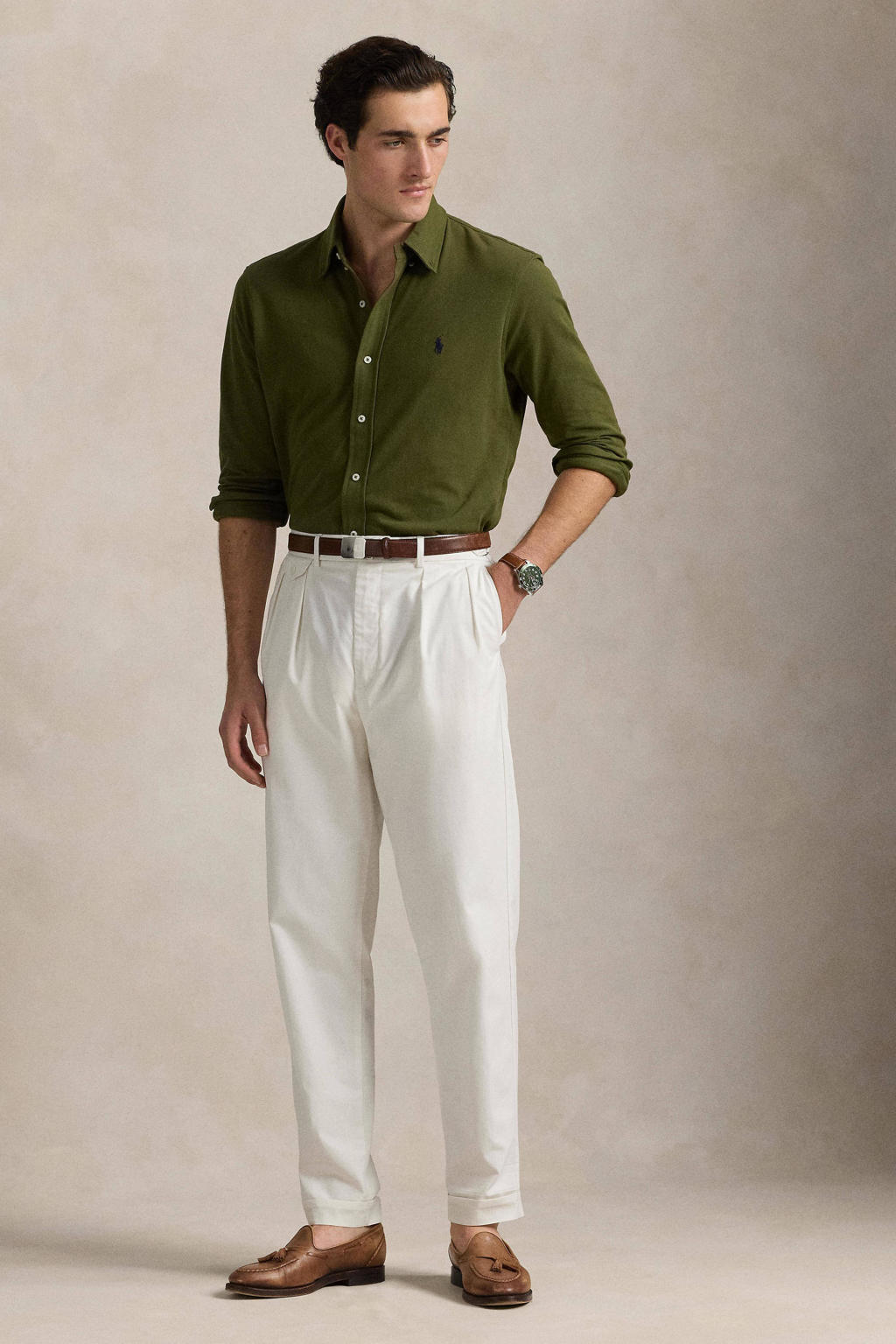 Donkergroene heren POLO Ralph Lauren regular fit overhemd van katoen met effen, lange mouwen en button down sluiting