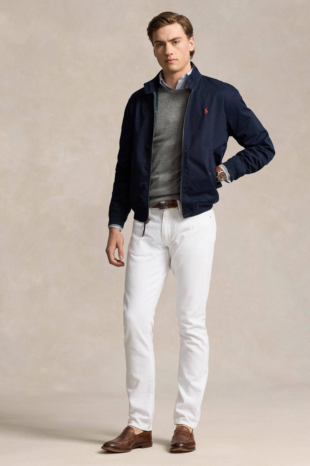 Donkerblauwe heren POLO Ralph Lauren tussenjas van katoen met effen, lange mouwen, opstaande kraag en ritssluiting