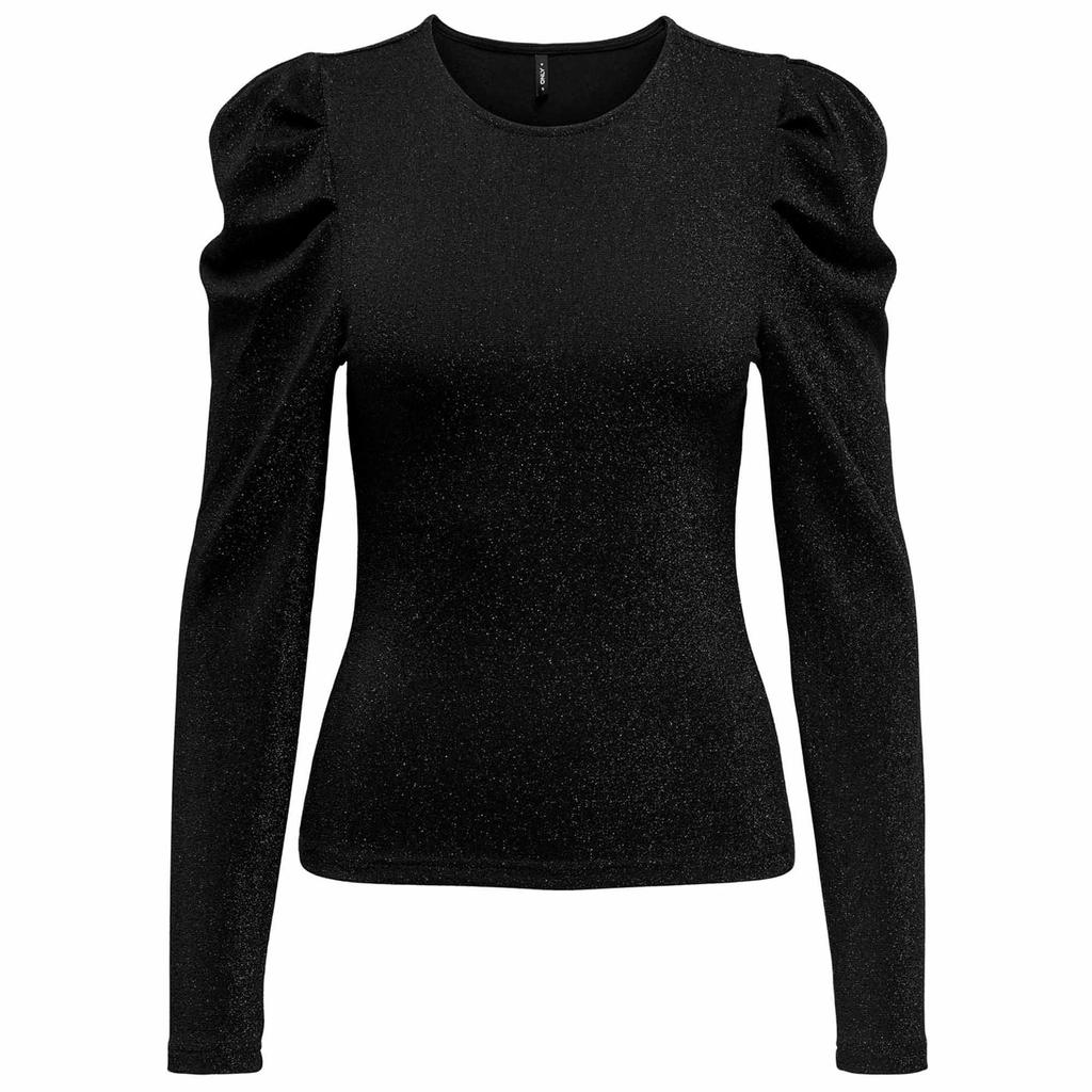 Zwarte dames ONLY MATERNITY zwangerschapstop van polyamide met effen, lange mouwen, ronde hals, knoopsluiting en glitters