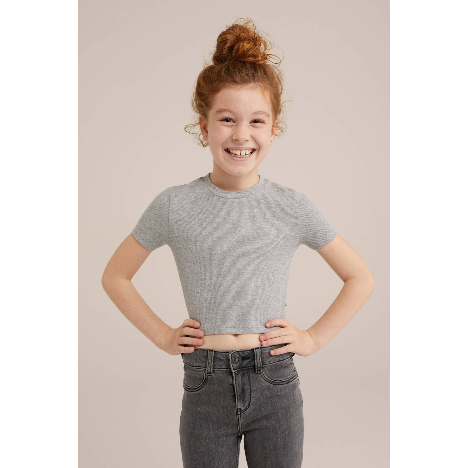 WE Fashion T-shirt cropped grijs melange