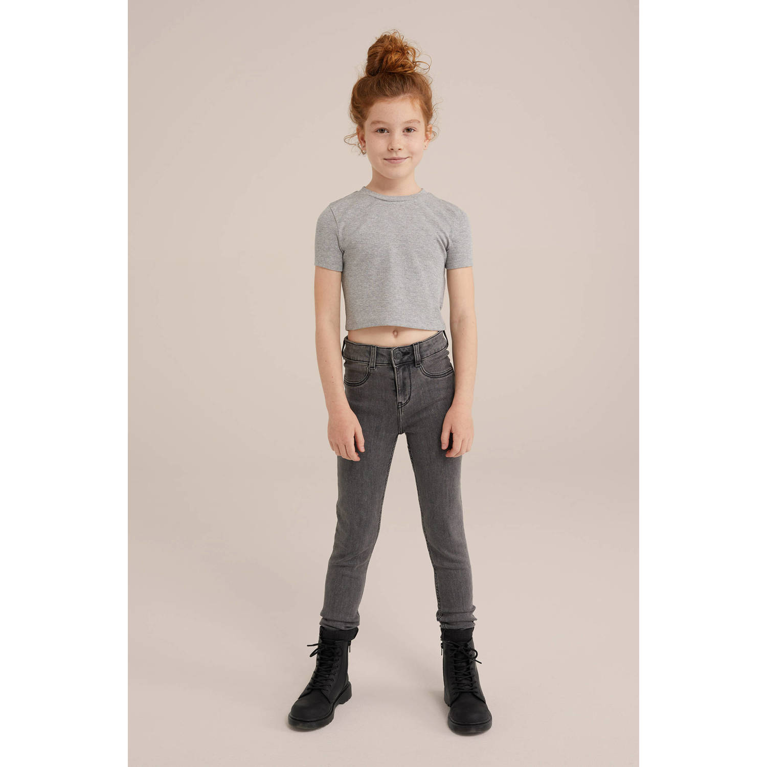 WE Fashion T-shirt cropped grijs melange