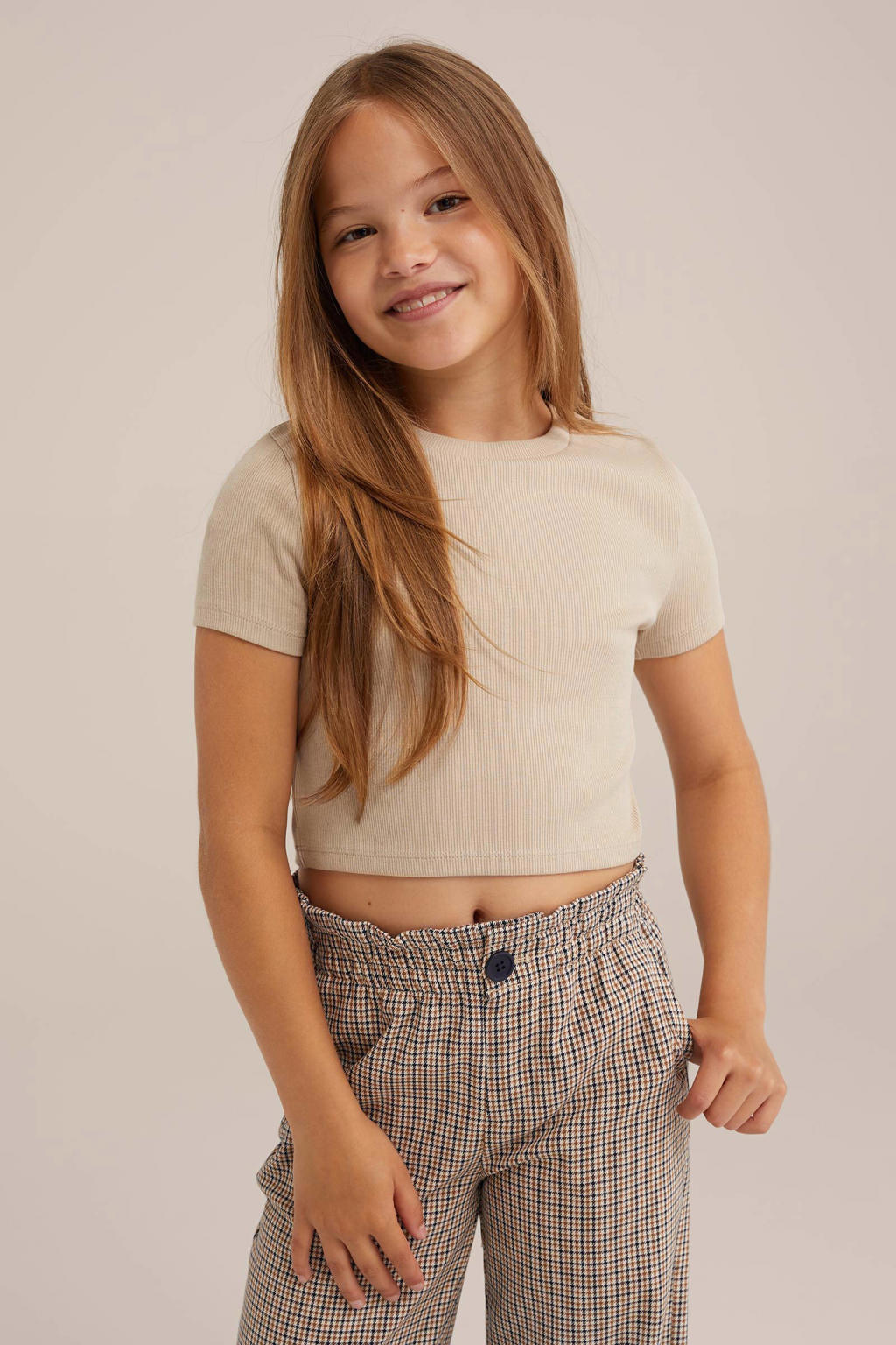 Lichtbruine meisjes WE Fashion T-shirt van katoen met effen, korte mouwen en ronde hals