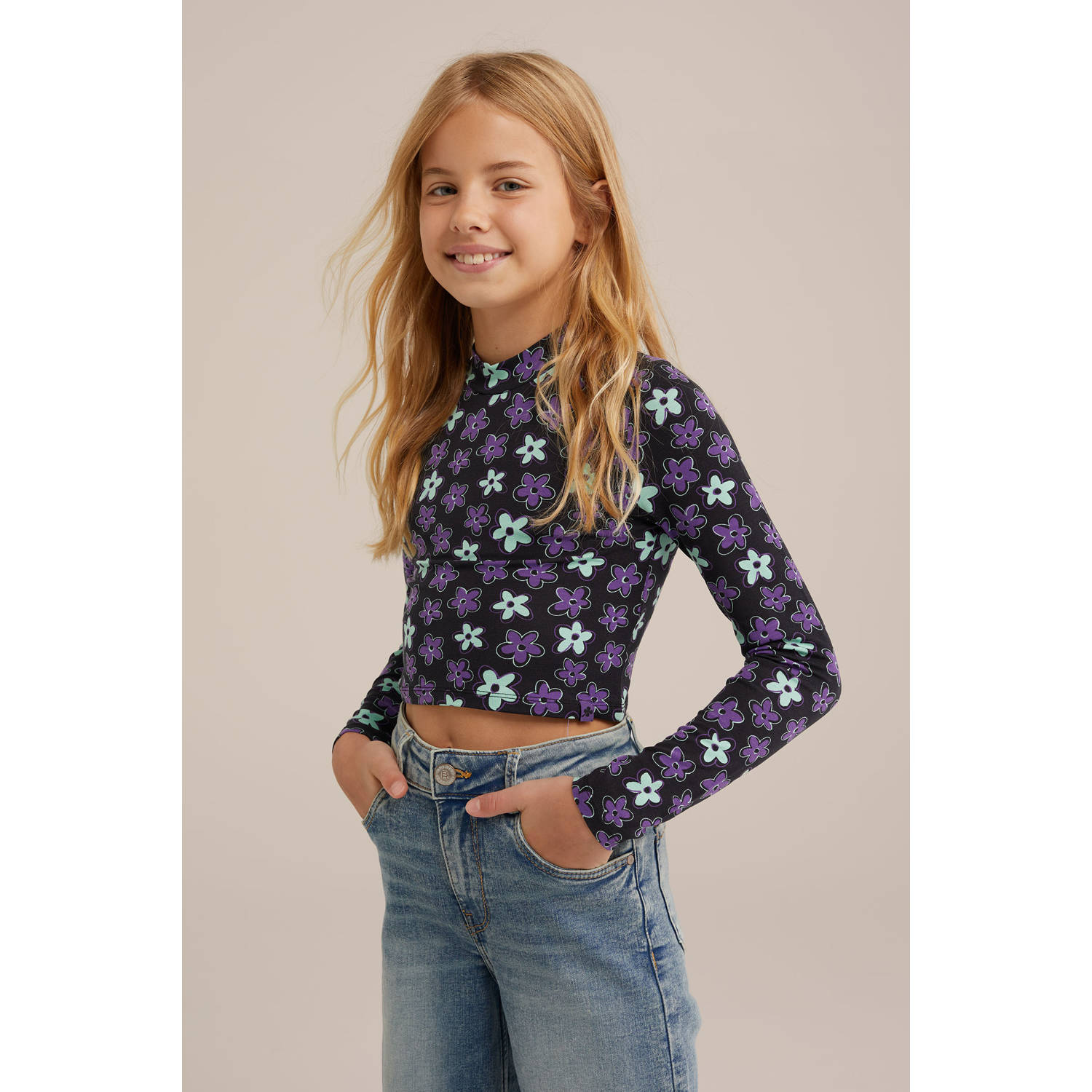 WE Fashion gebloemde longsleeve zwart lichtblauw paars