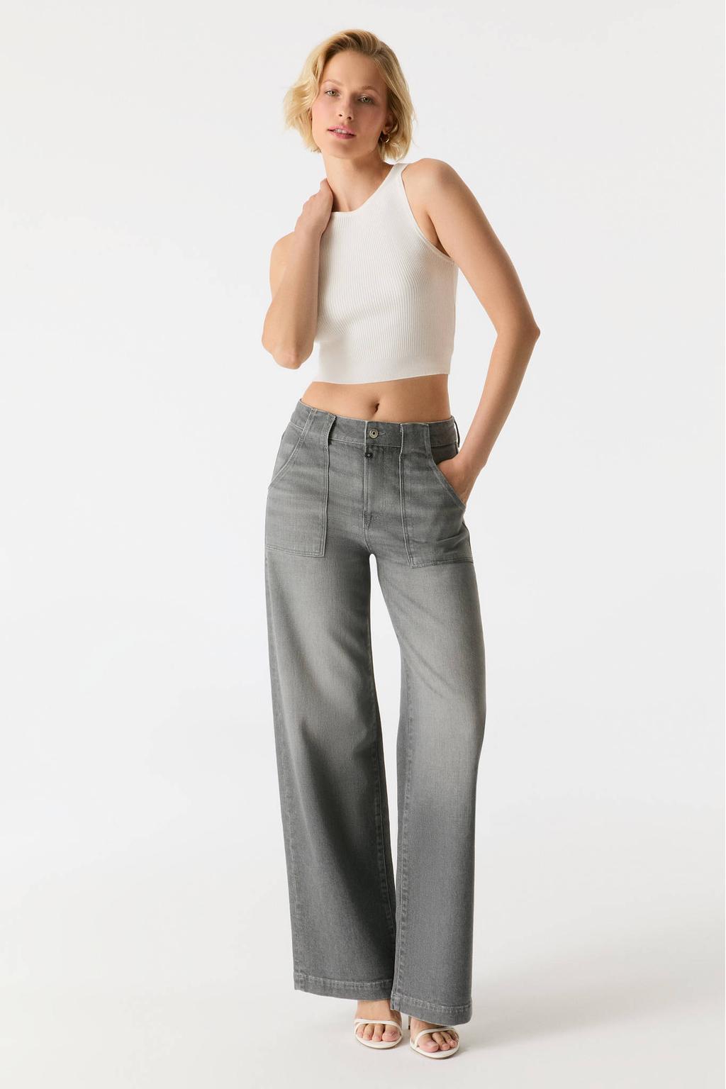 Grey denim dames Cup of Joe Denim wide leg jeans Lulu met high waist, rits- en knoopsluiting en effen