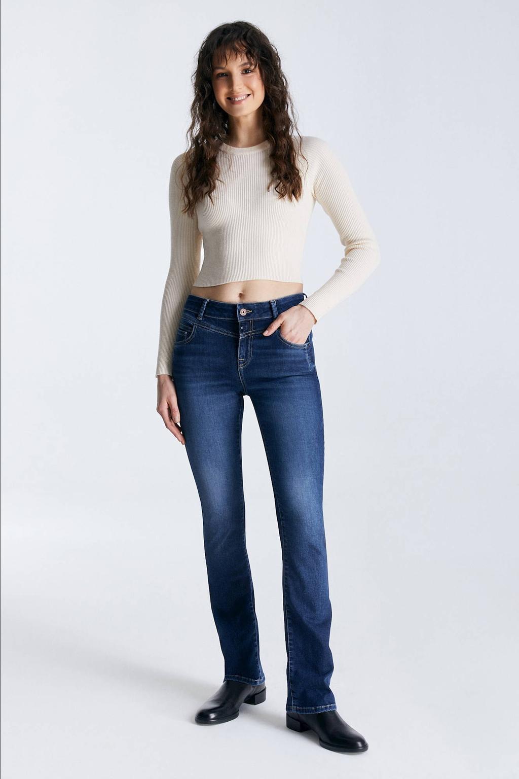 Dark blue denim dames Cup of Joe Denim bootcut jeans Judith dark blue met rits- en knoopsluiting en effen