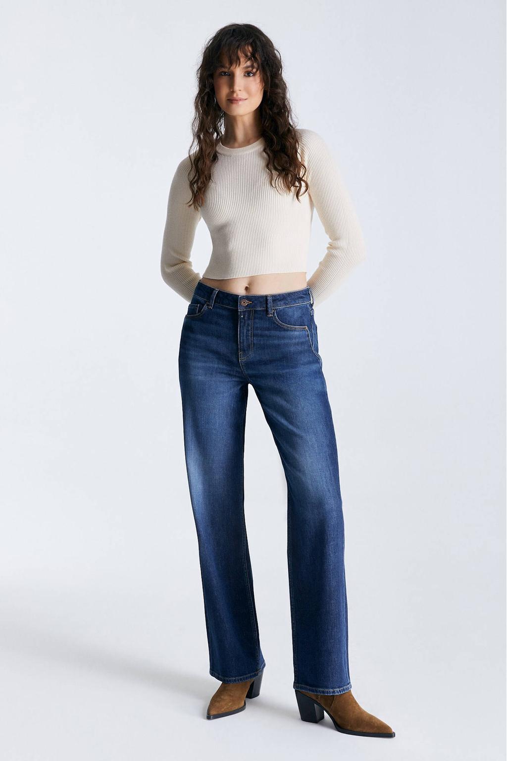 Dark blue denim dames Cup of Joe Denim straight leg jeans Nova dark blue met rits- en knoopsluiting en effen