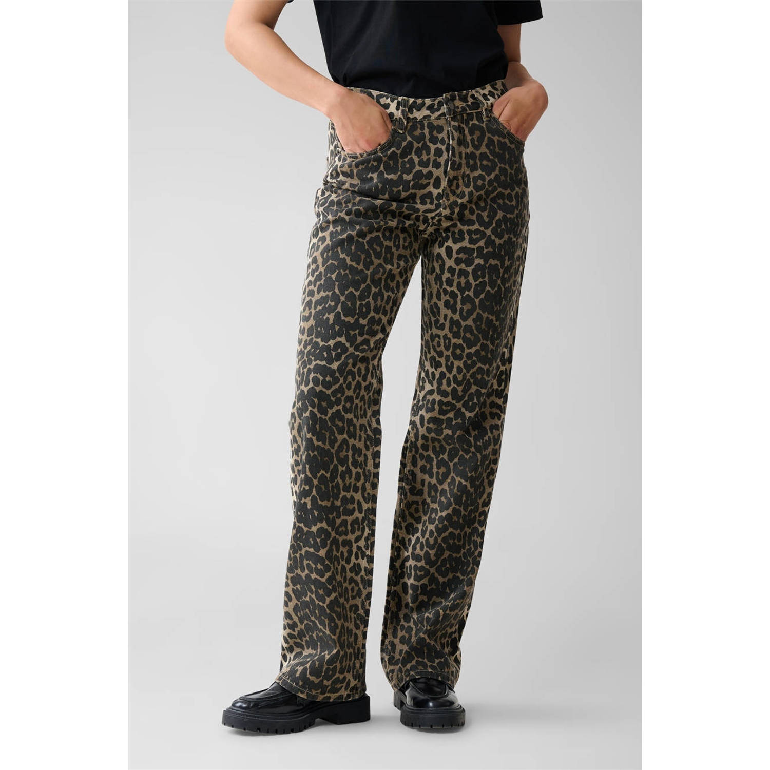 Shoeby high waist wide leg jeans met panterprint zwart beige
