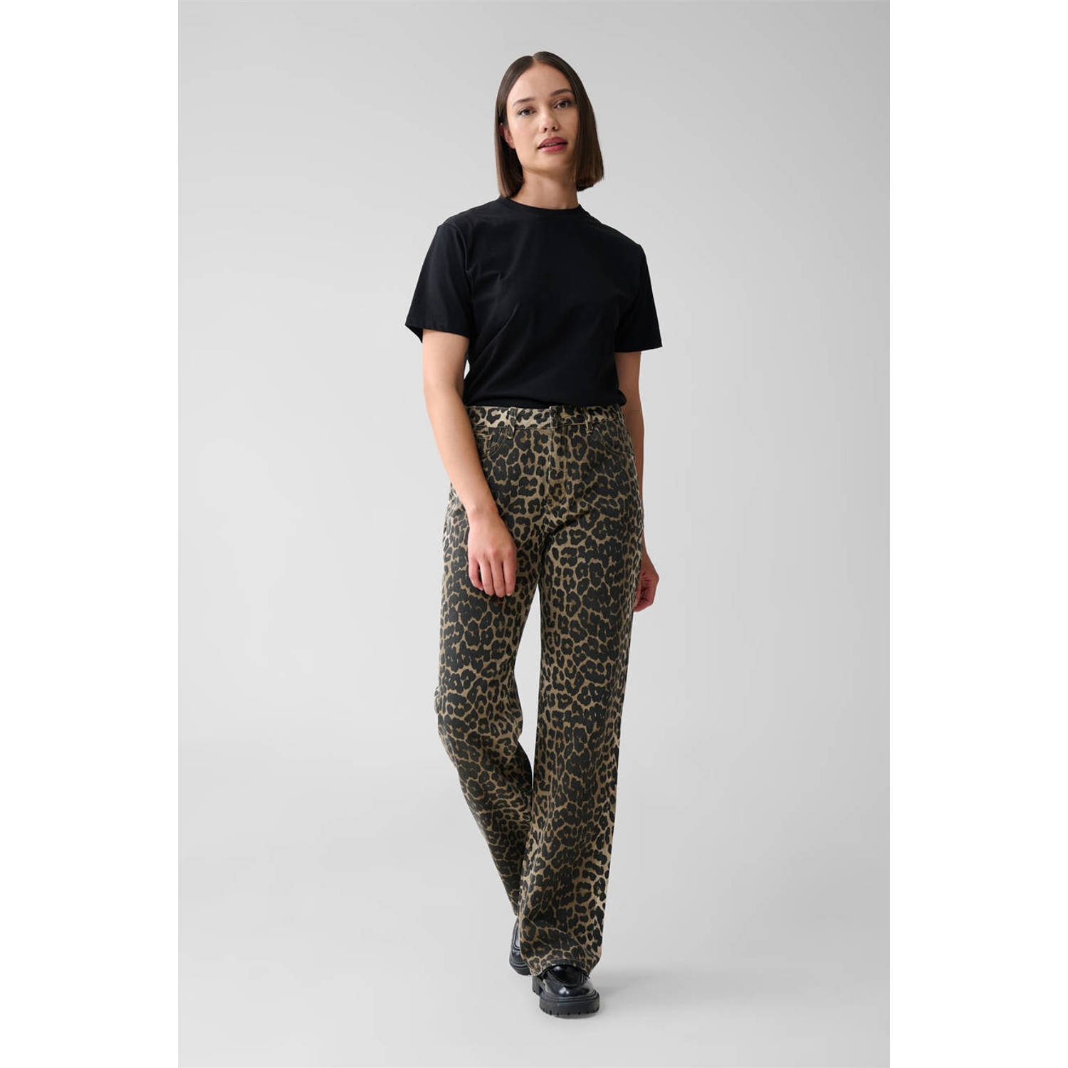 Shoeby high waist wide leg jeans met panterprint zwart beige