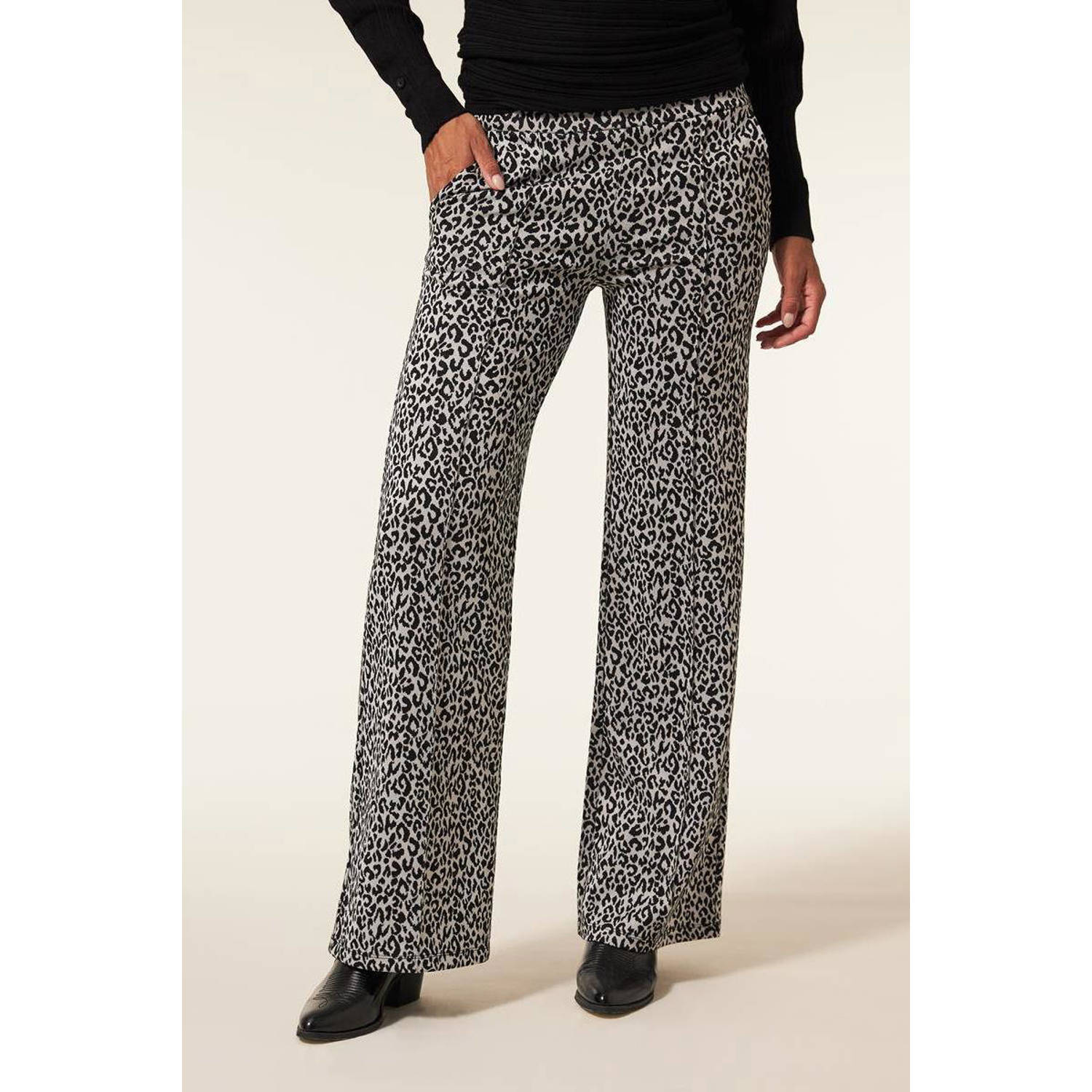 Miss Etam wide leg broek Mia met panterprint zwart ecru