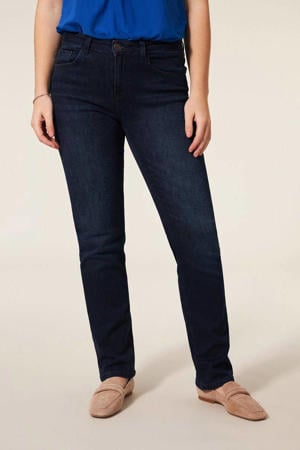 regular waist straight leg jeans dark blue denim