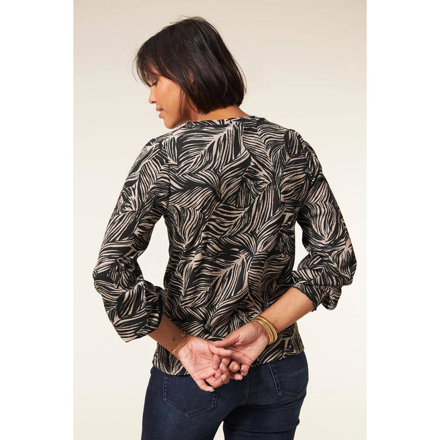 Miss Etam top Hailey met blad print grijs zwart