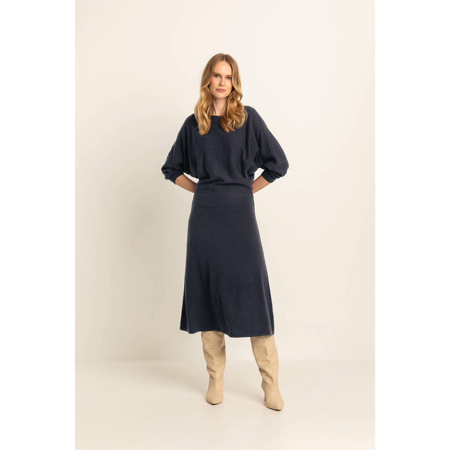 Expresso fijngebreide jurk met wol donkerblauw