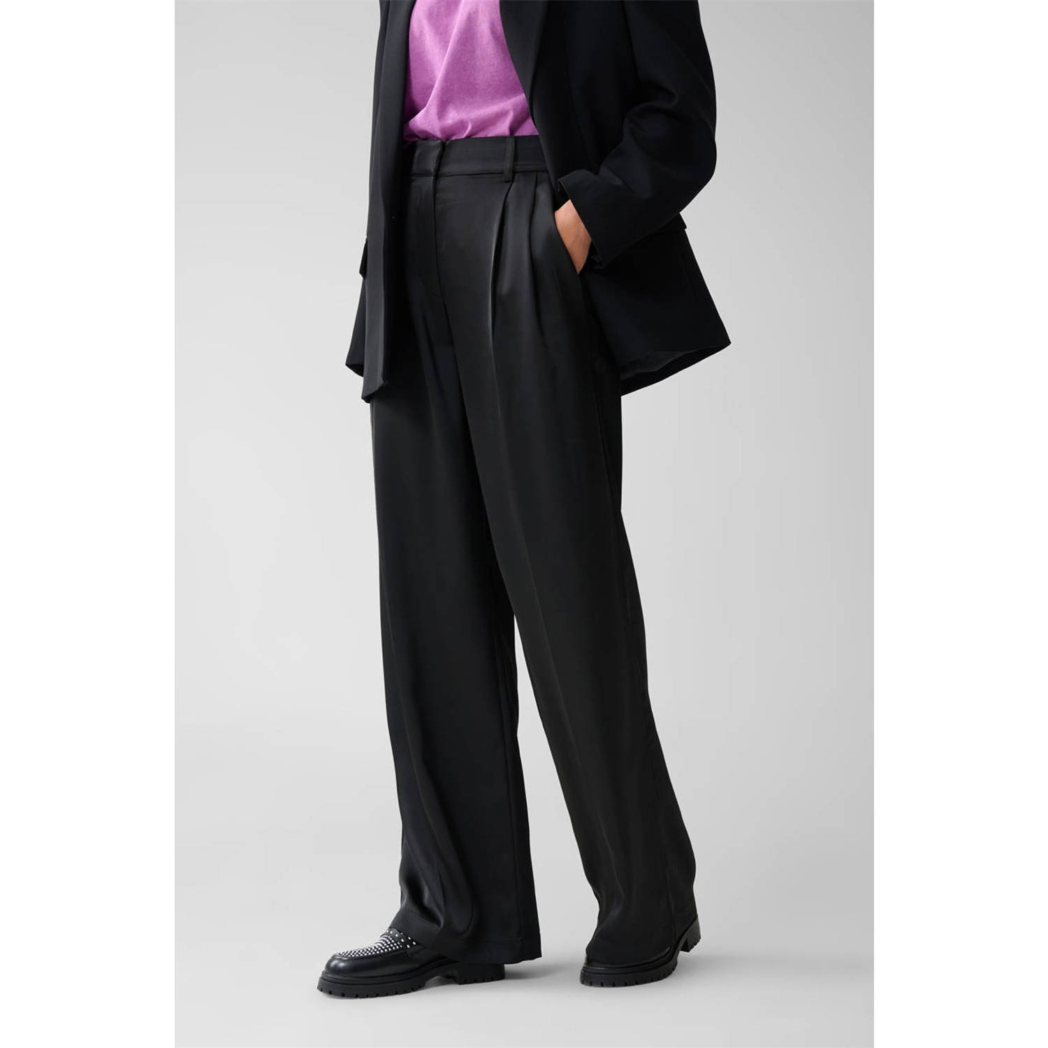 Shoeby satijnen high waist wide leg broek zwart