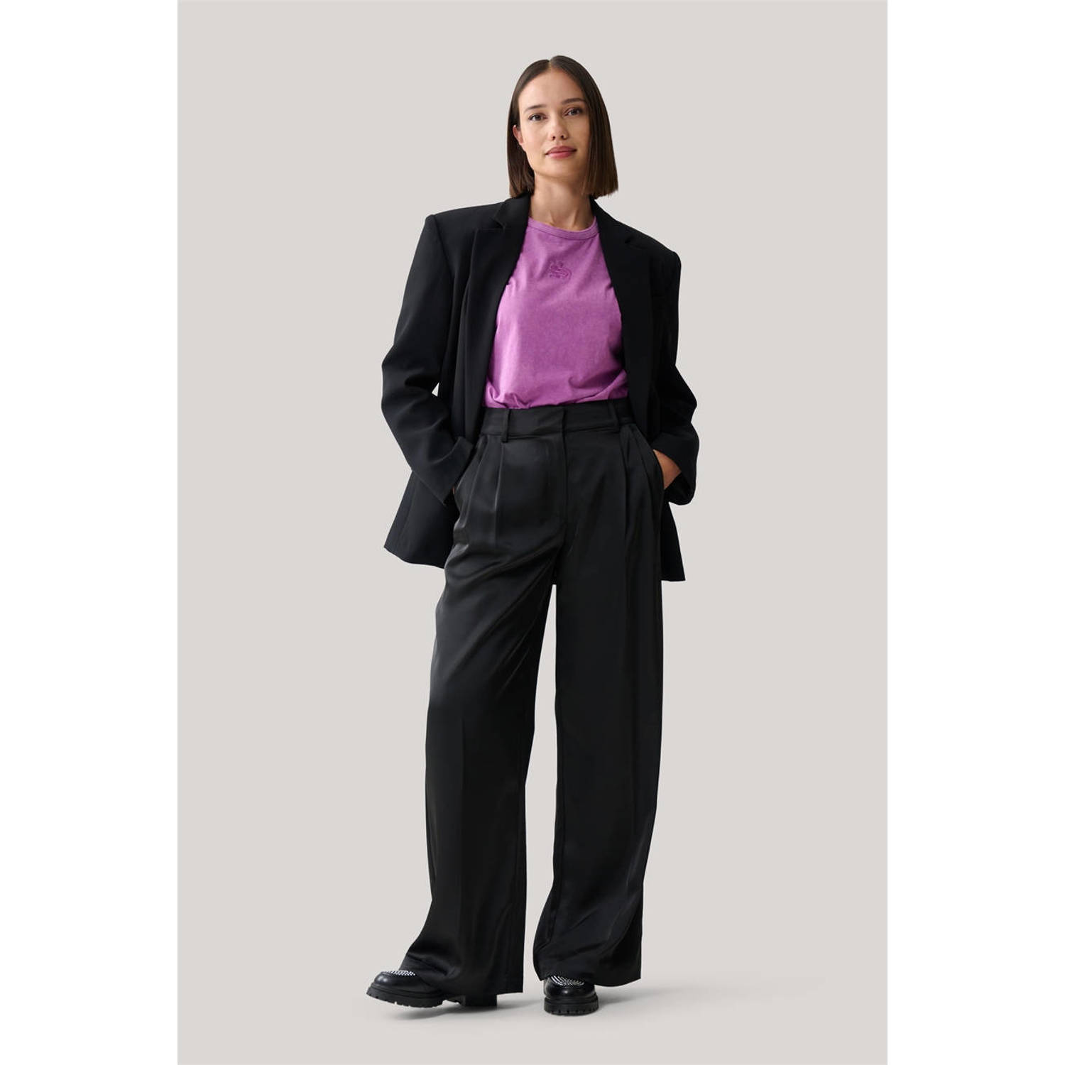 Shoeby satijnen high waist wide leg broek zwart