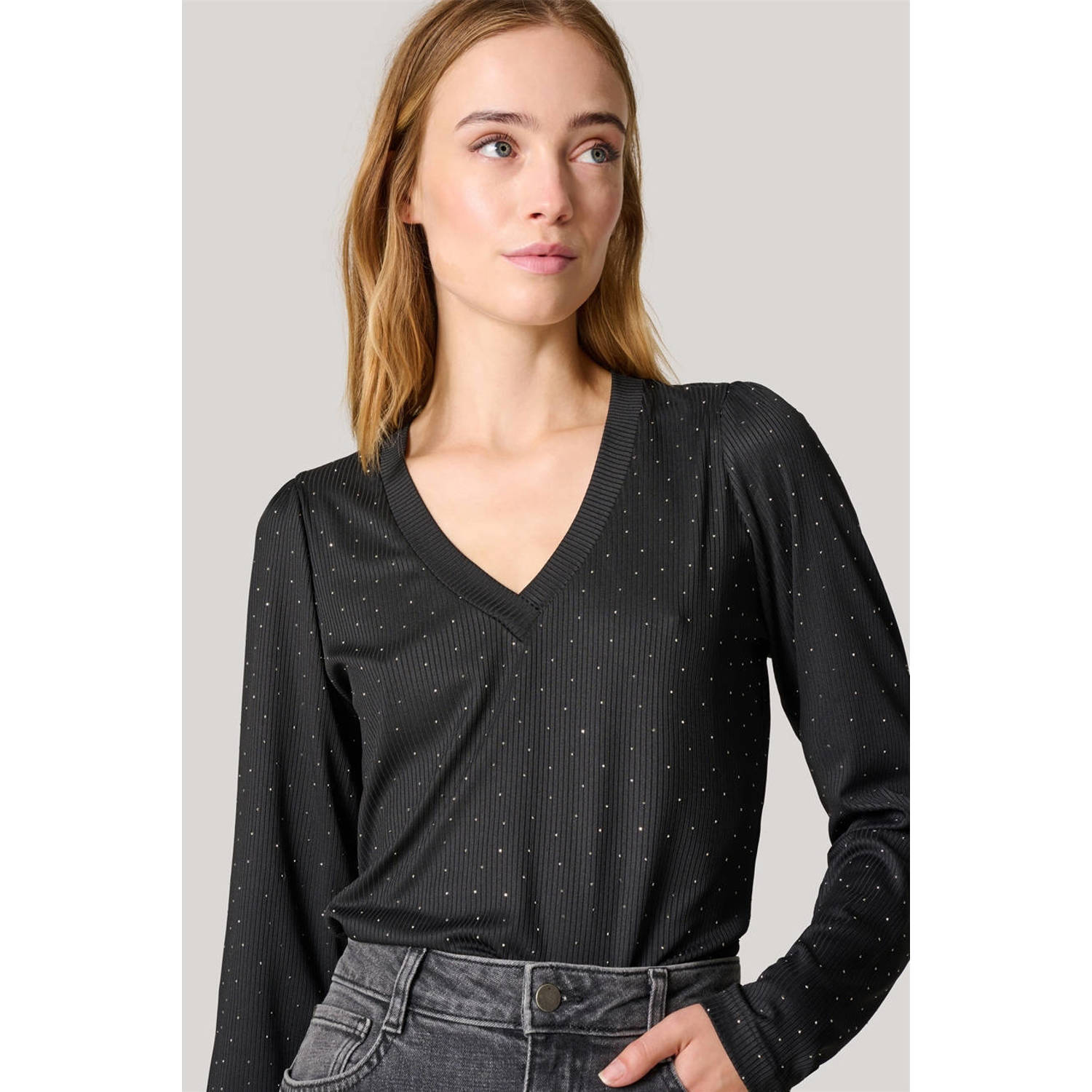 Shoeby jersey top zwart strass steentjes