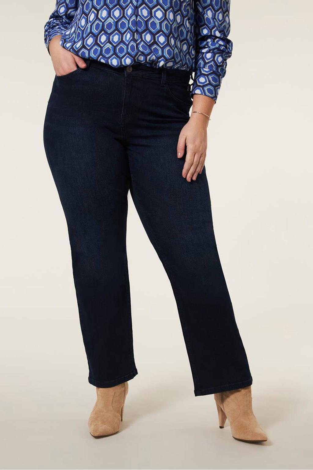 Dark blue denim dames Miss Etam Plus straight leg jeans Jackie dark blue van denim met rits- en knoopsluiting en effen