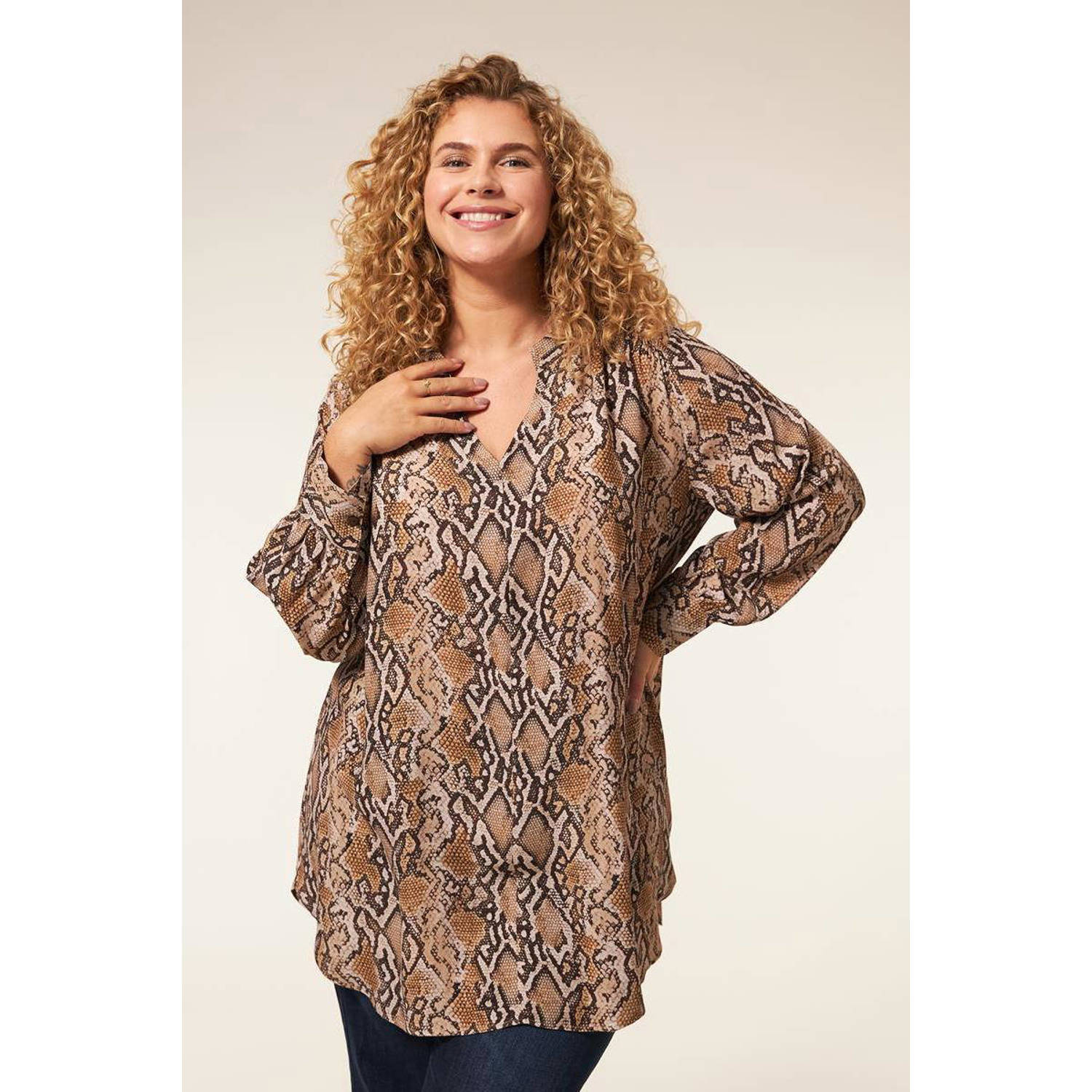 Miss Etam Plus tuniek Callie met slagenprint bruin