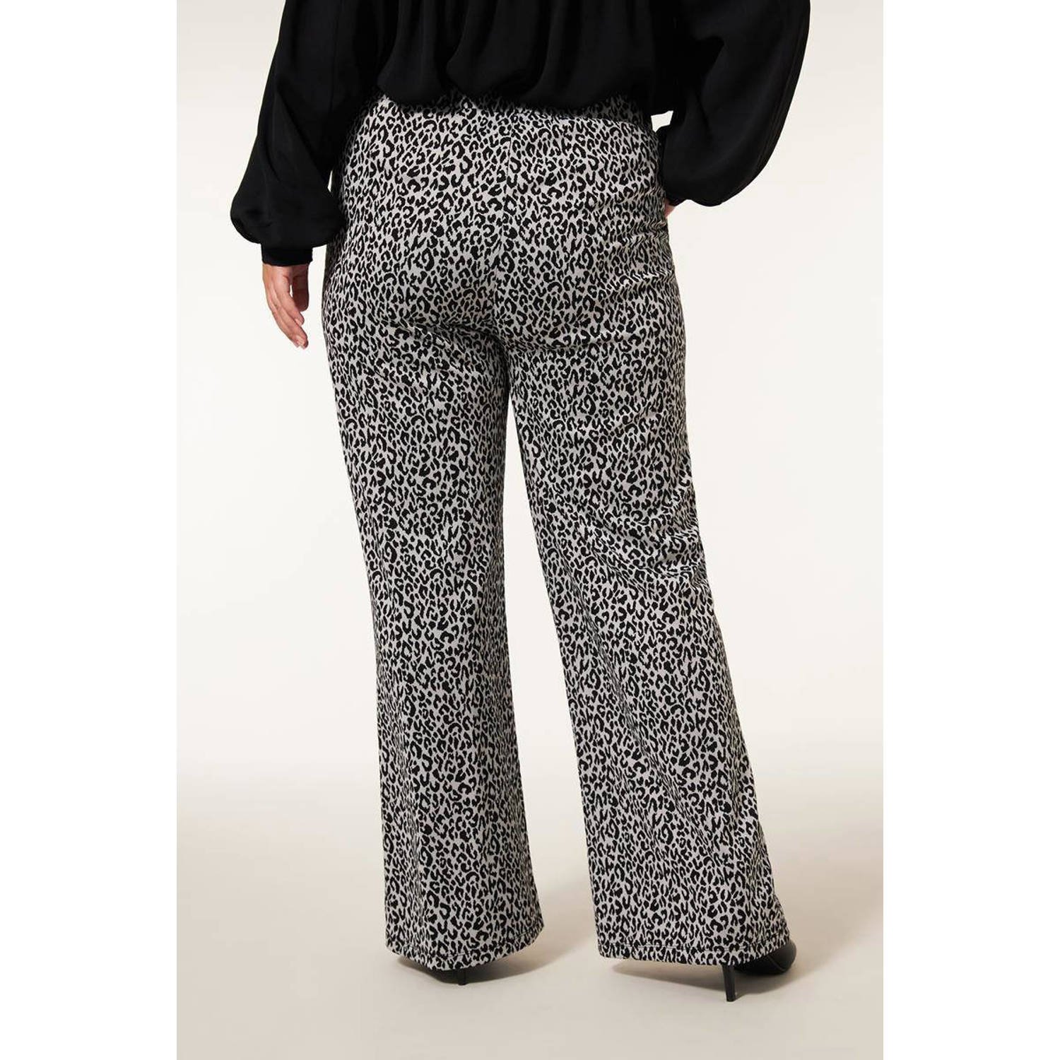 Miss Etam Plus wide leg broek Mia met panterprint zwart ecru