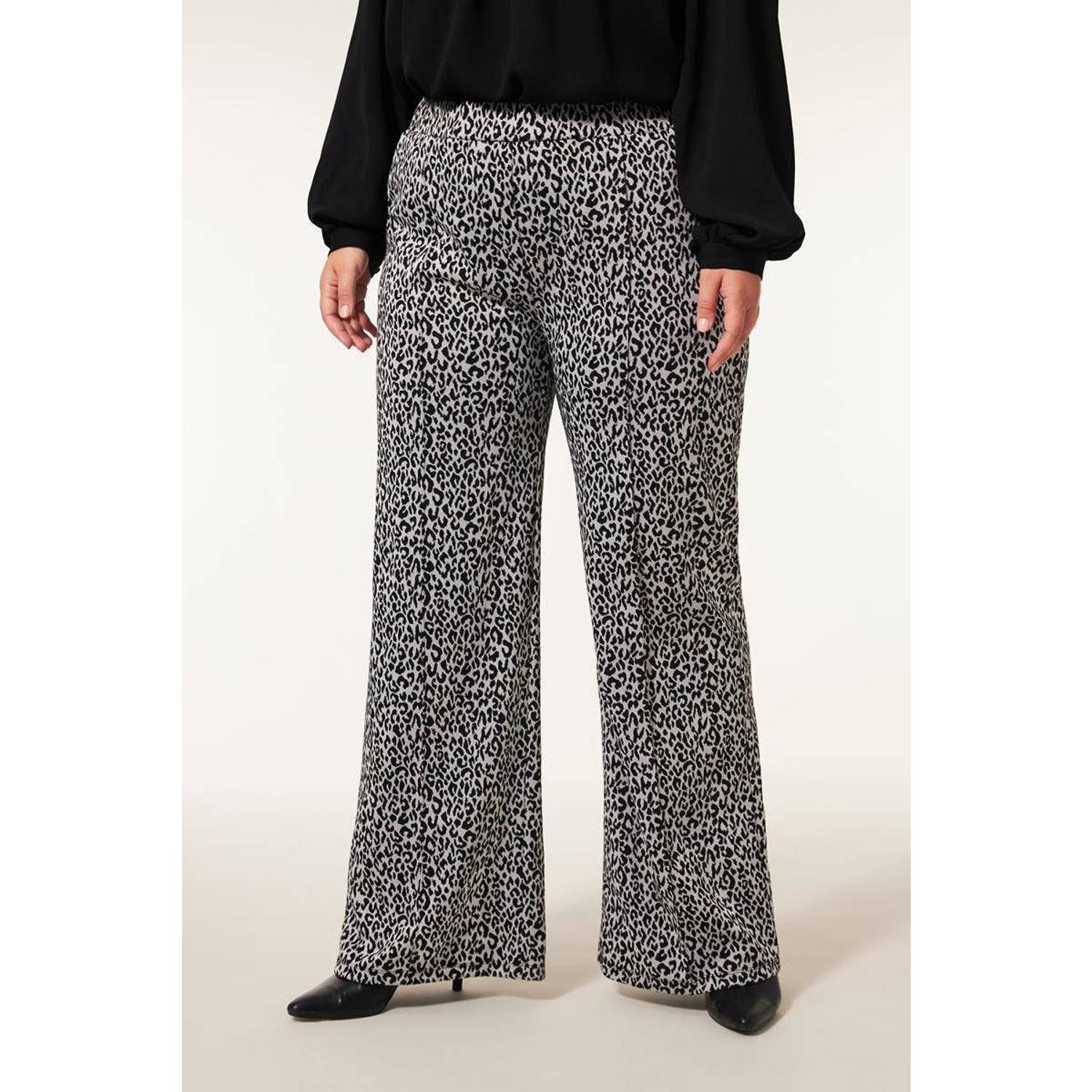 Miss Etam Plus wide leg broek Mia met panterprint zwart ecru