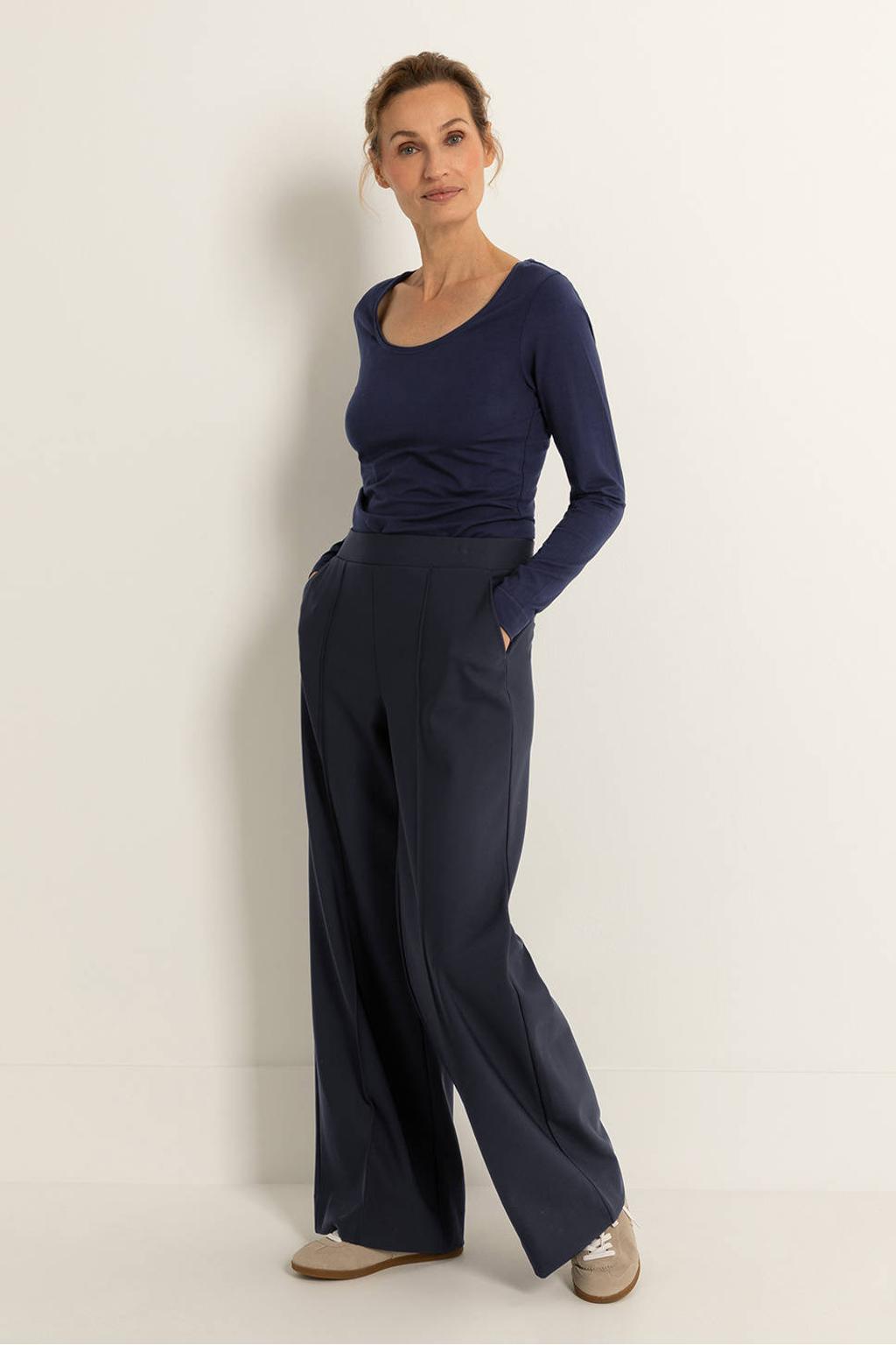 Donkerblauwe dames Claudia Sträter longsleeve gebreid van viscose met effen, lange mouwen en ronde hals