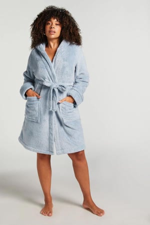 fleece badjas met capuchon blauw