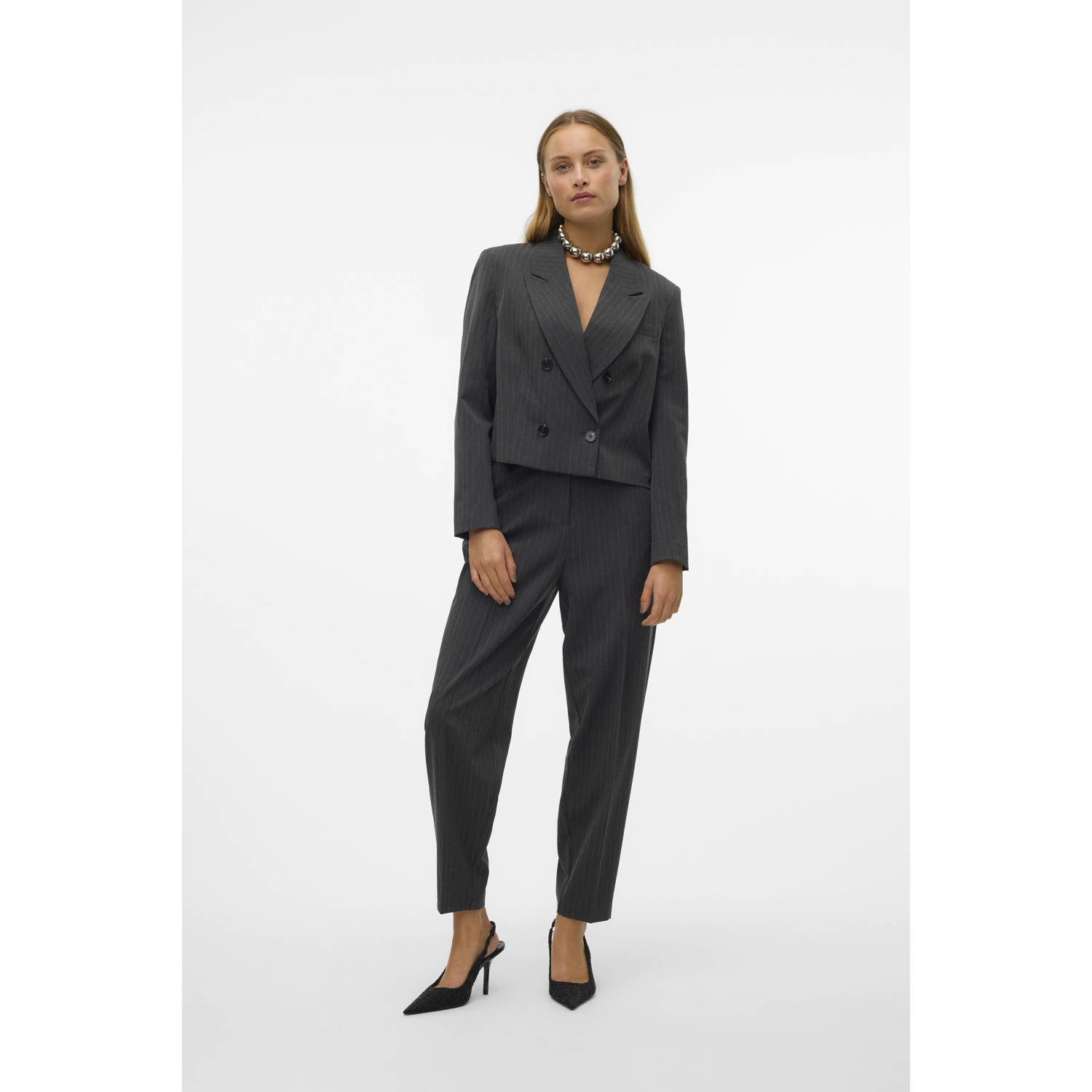 VERO MODA cropped blazer VMSILJE met krijtstreep antraciet