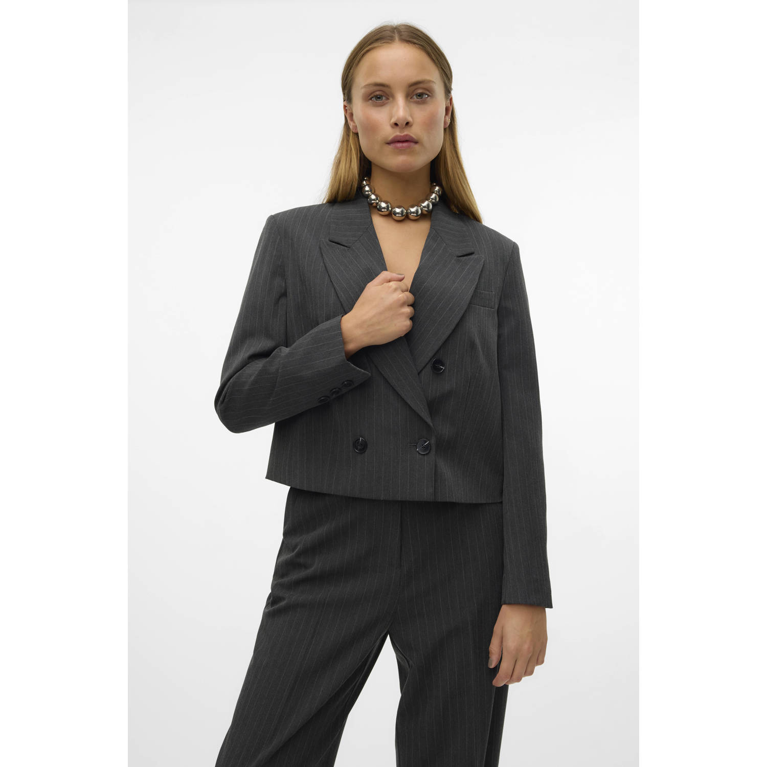 VERO MODA cropped blazer VMSILJE met krijtstreep antraciet